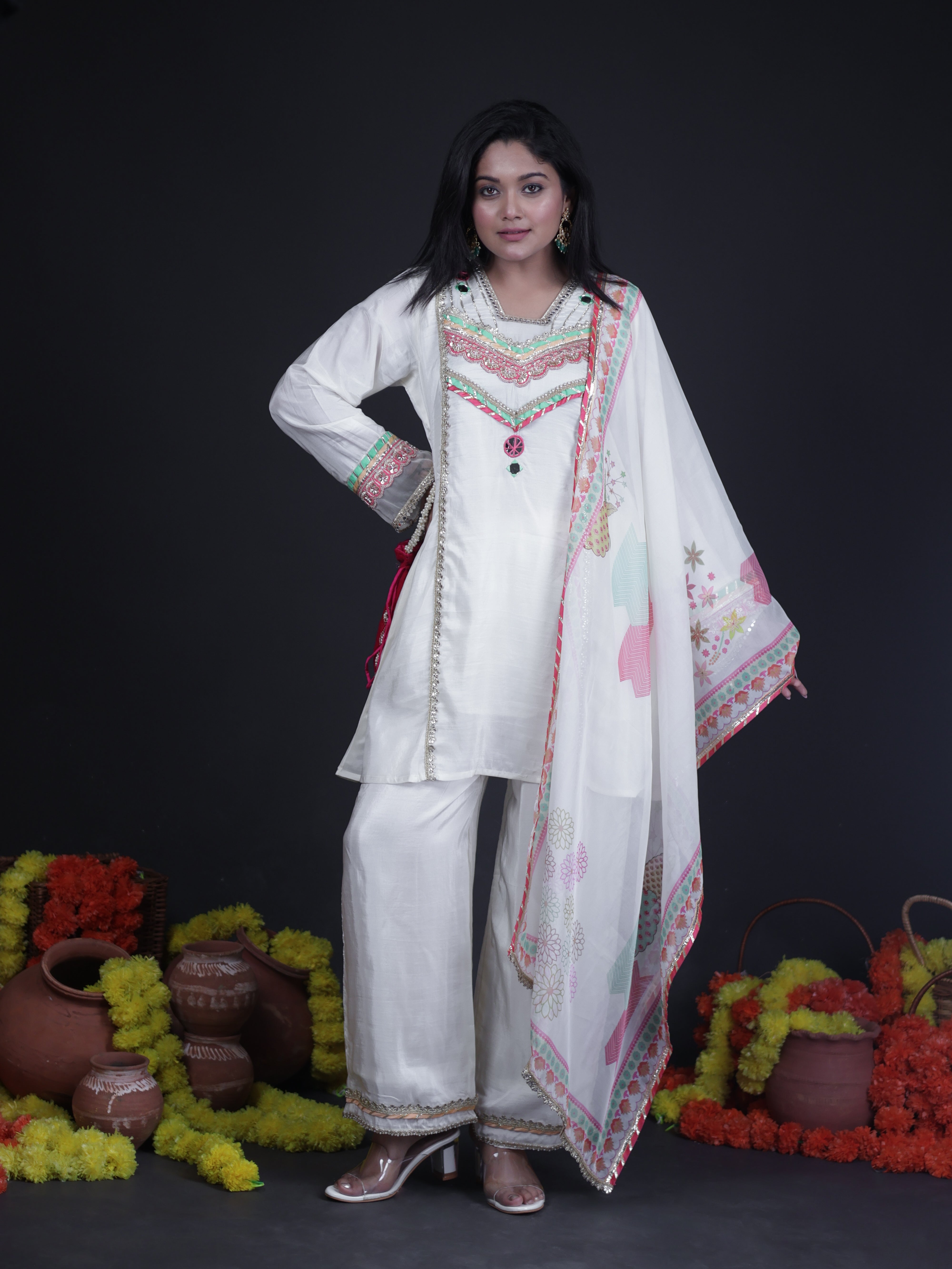 IVORY CHARM EMBROIDERED PURE CREPE SUIT SET