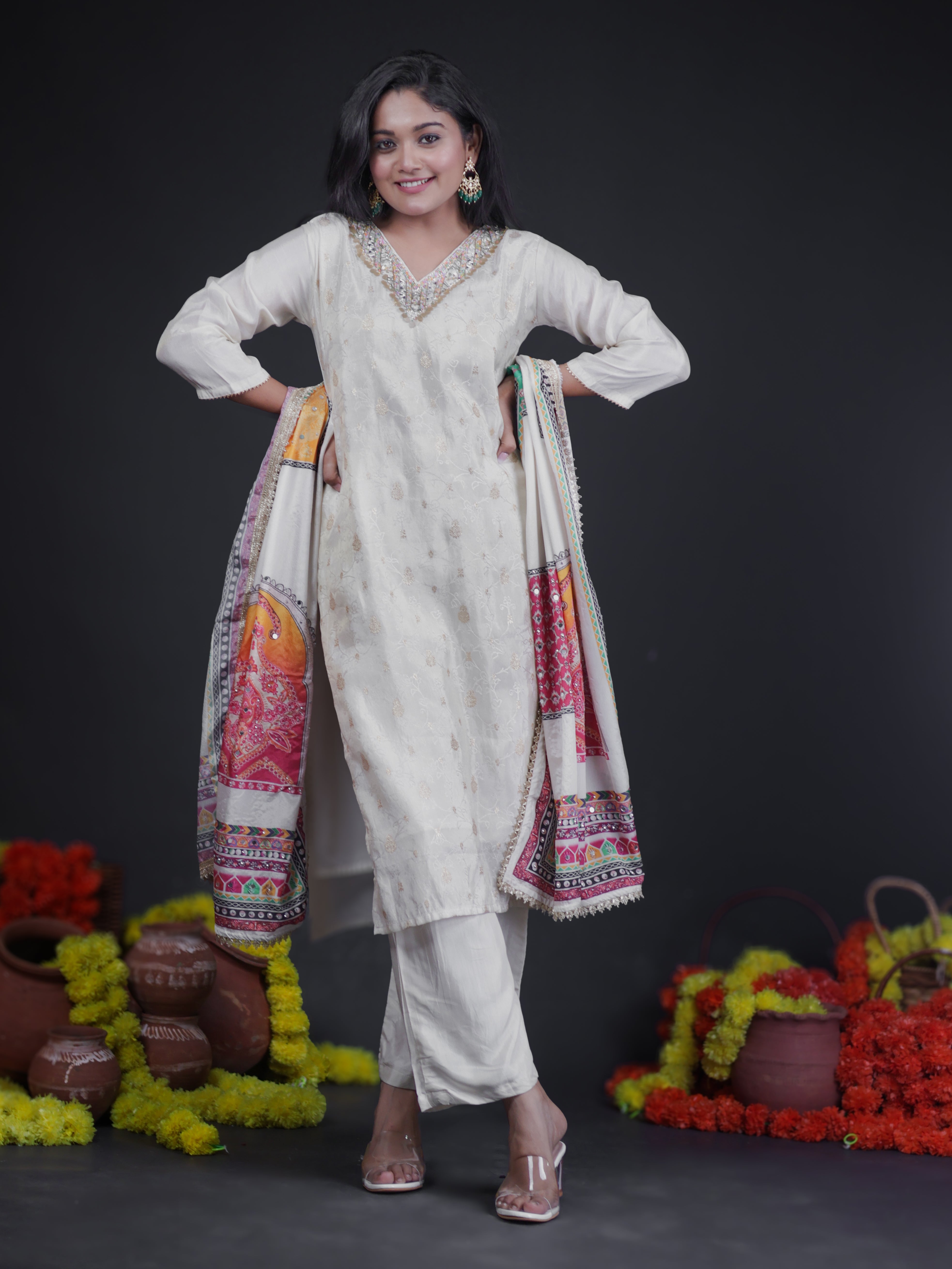 IVORY SHIMMER EMBELLISHED TISSUE SUIT SET