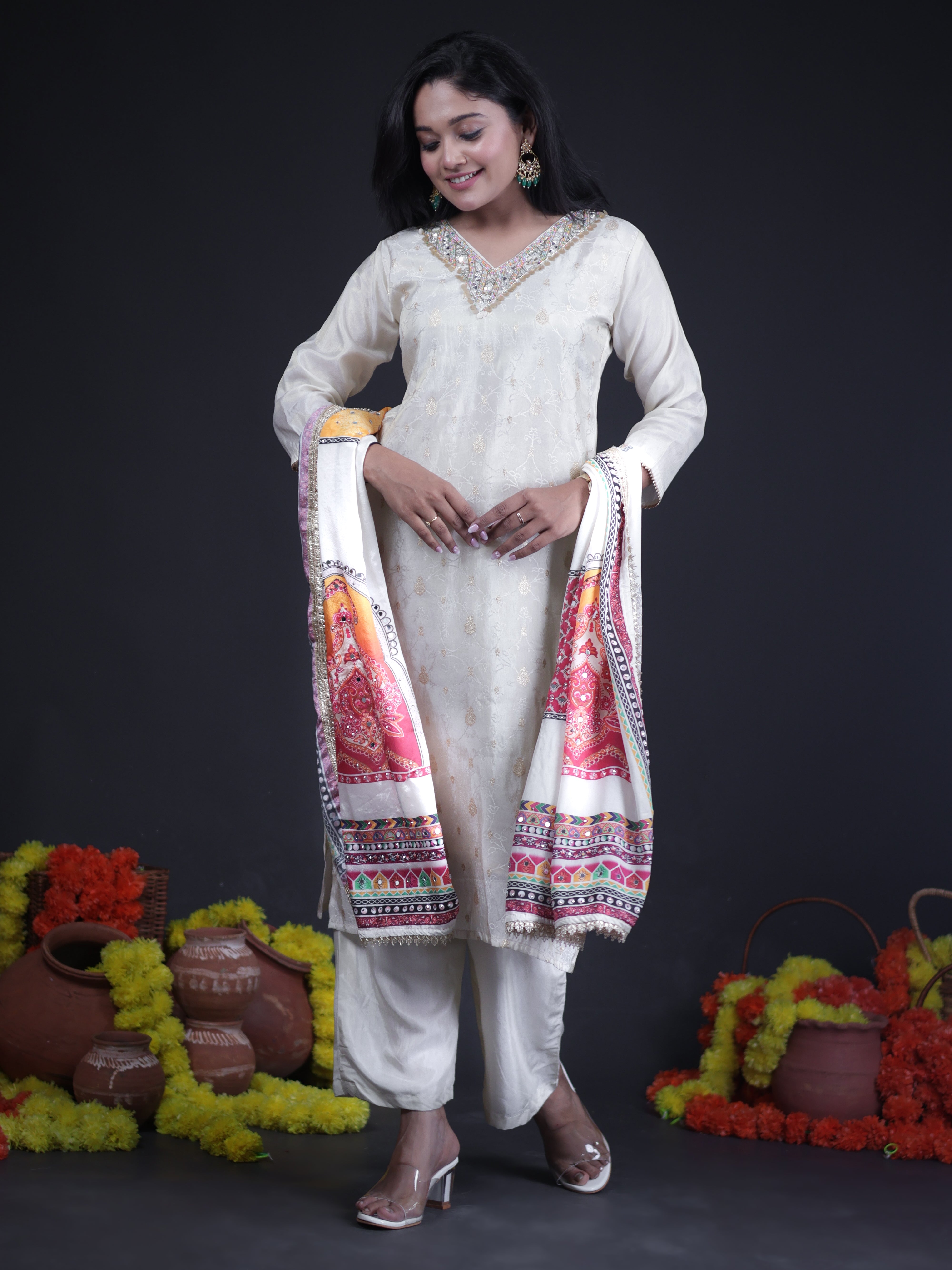 IVORY SHIMMER EMBELLISHED TISSUE SUIT SET