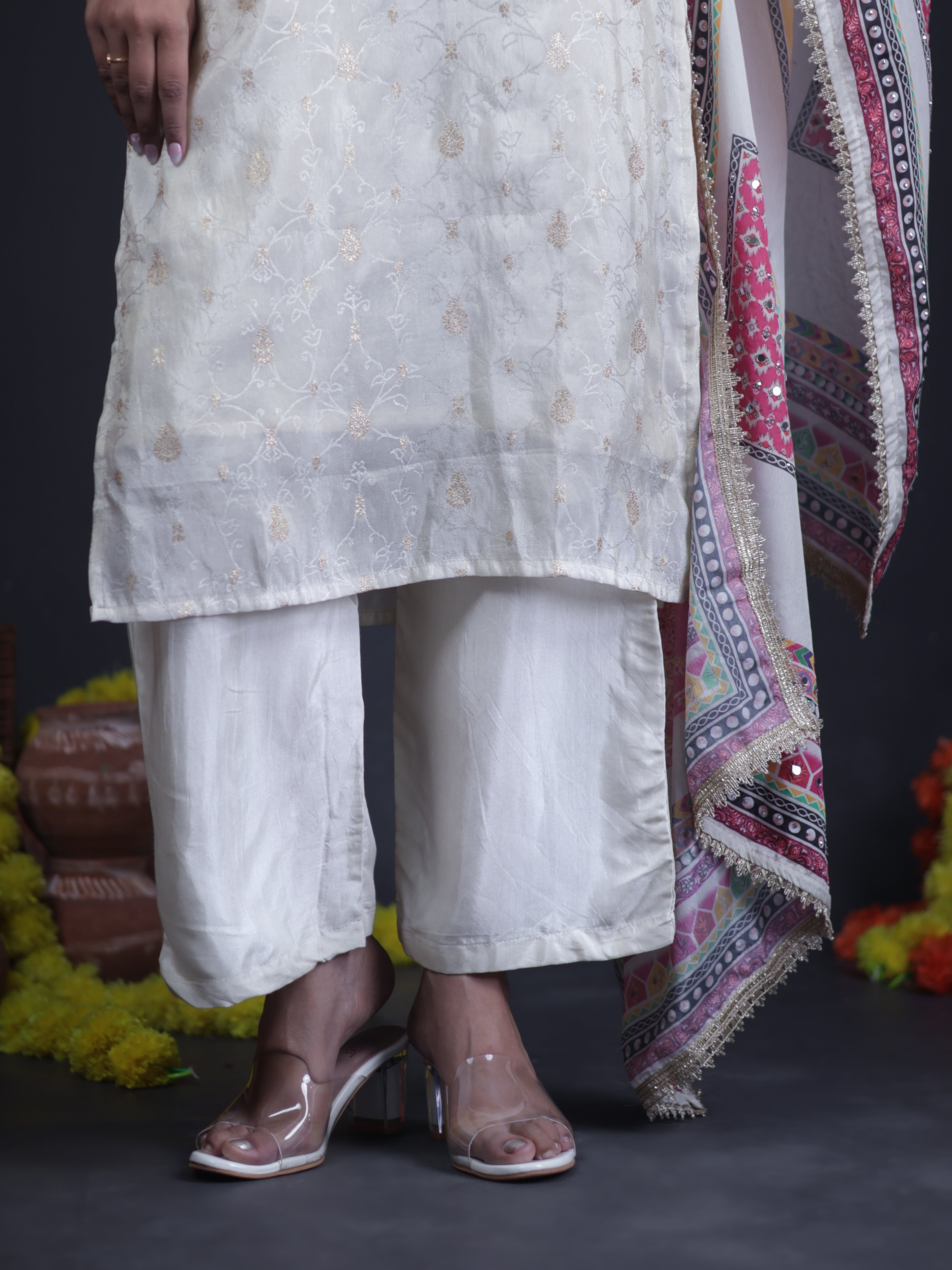 IVORY SHIMMER EMBELLISHED TISSUE SUIT SET