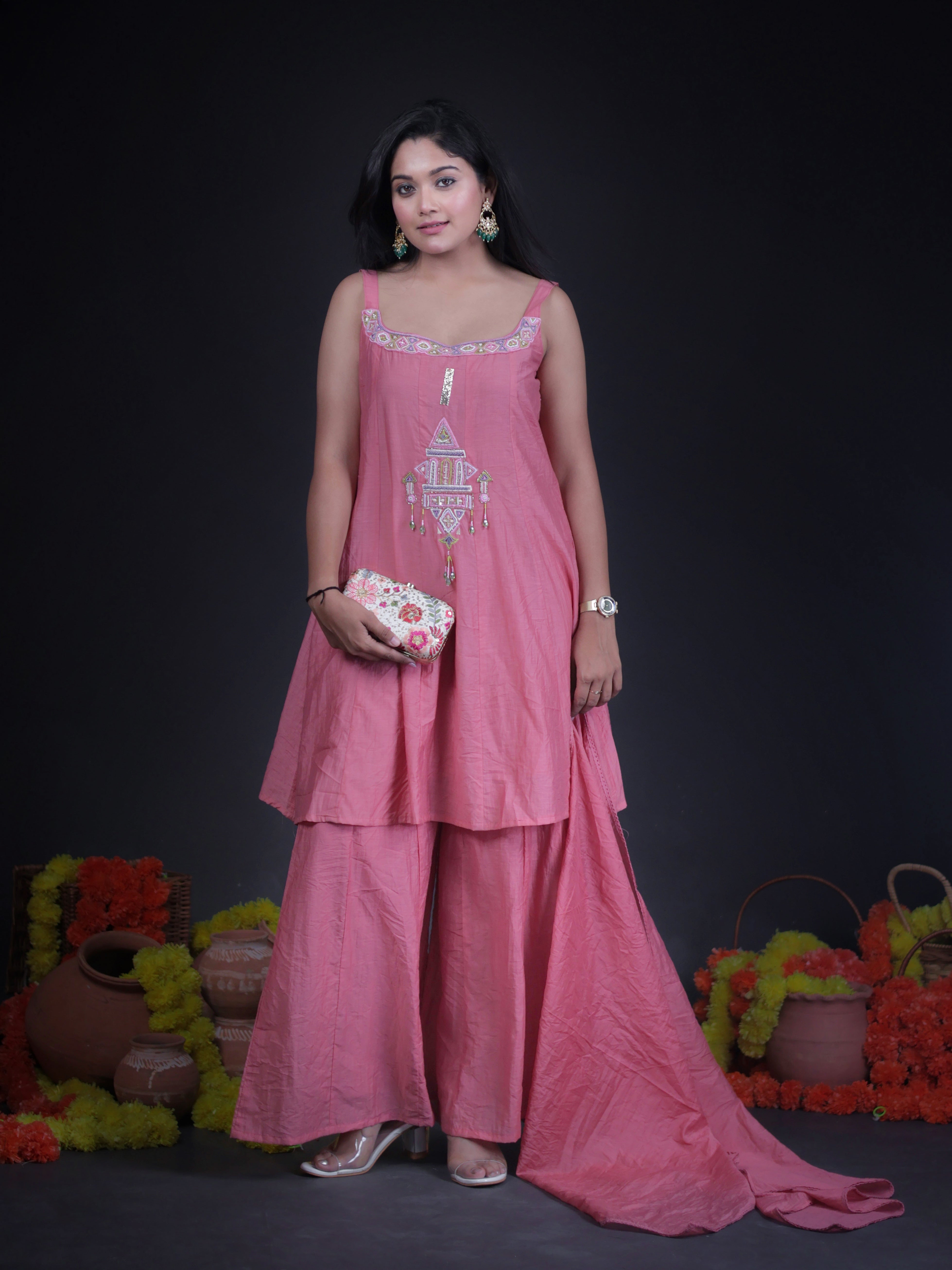 MAUVE PINK MIRROR EMBELLISHED MUL CHANDERI SHARARA SUIT SET