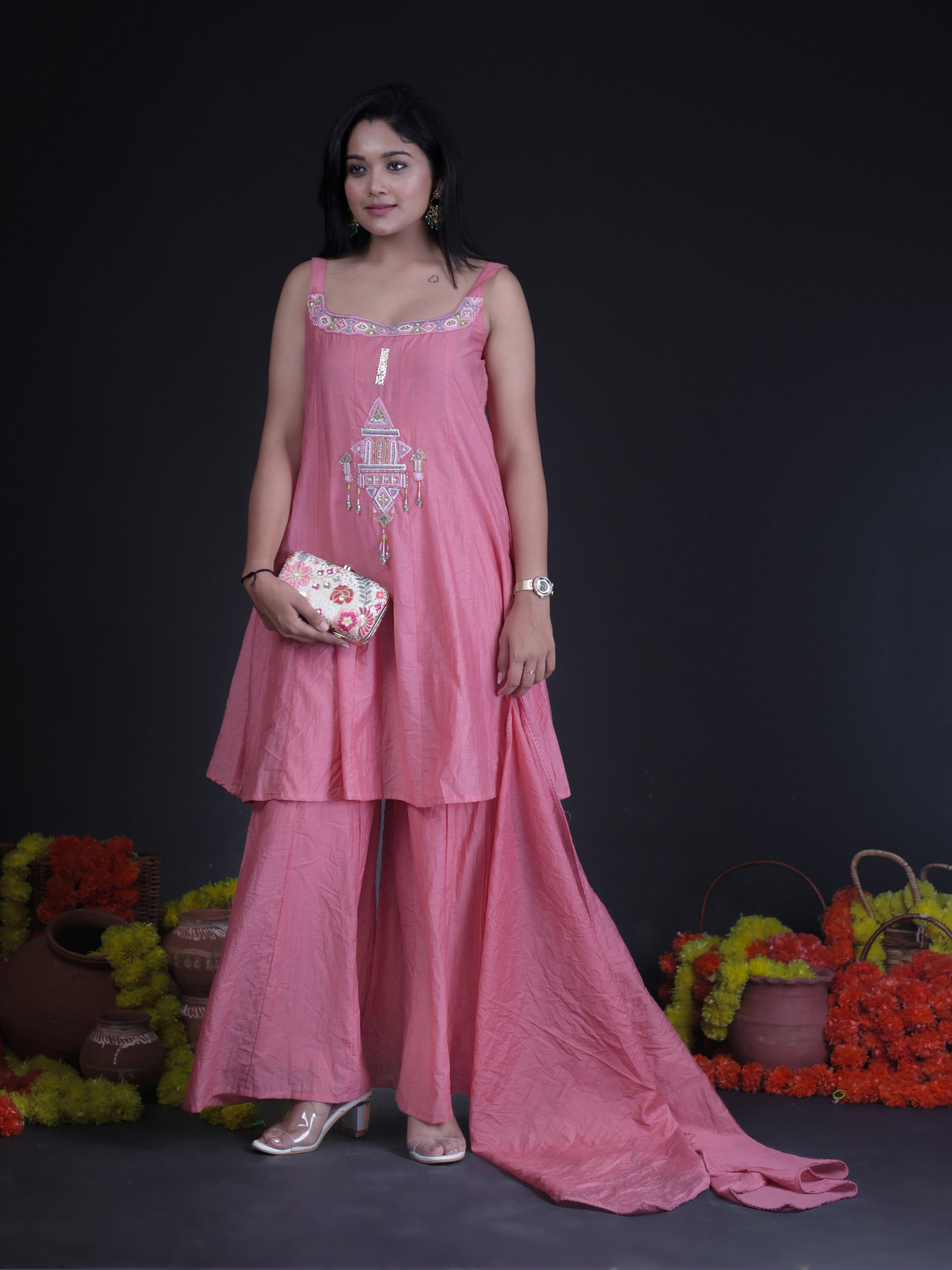 MAUVE PINK MIRROR EMBELLISHED MUL CHANDERI SHARARA SUIT SET