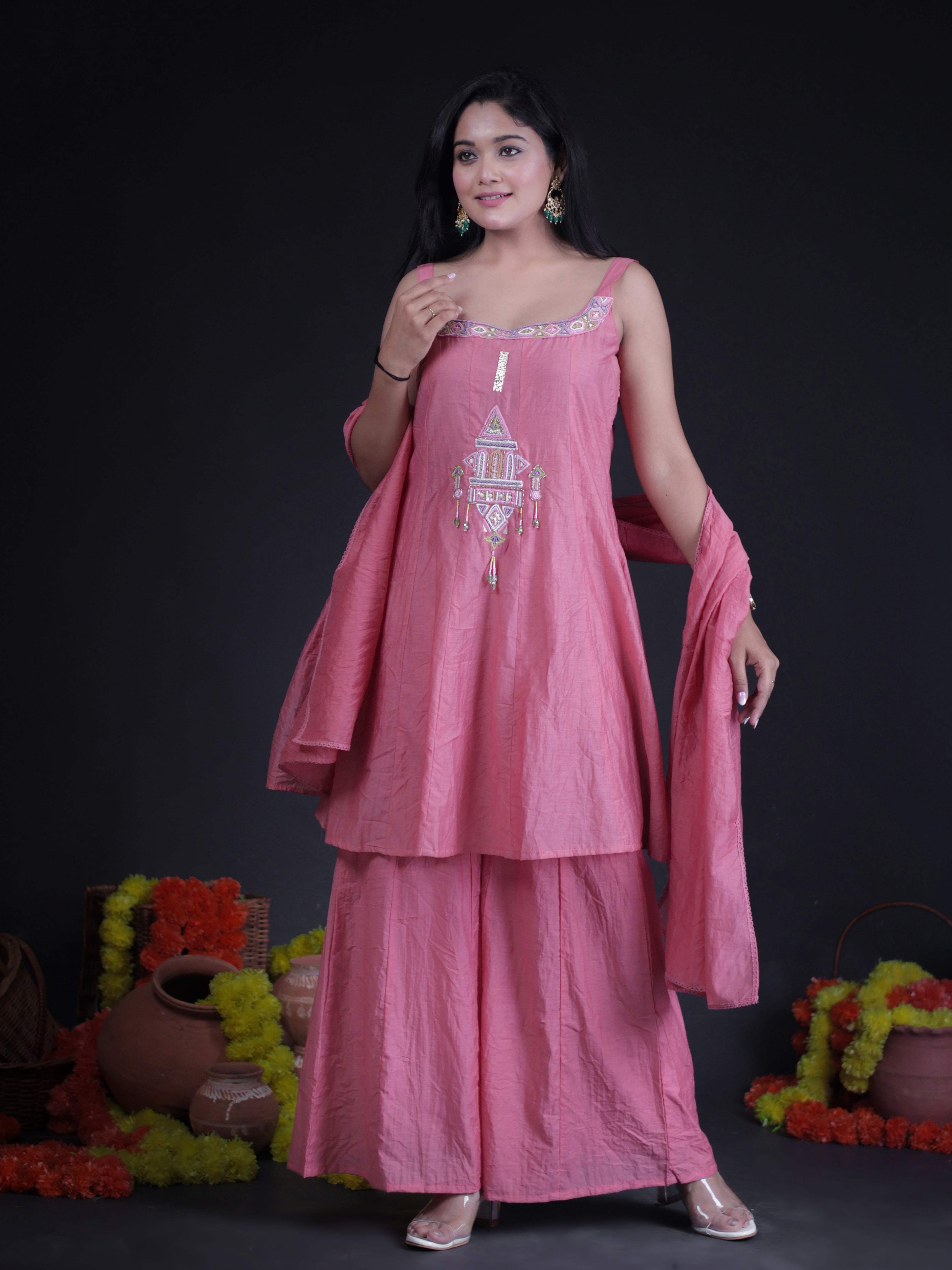 MAUVE PINK MIRROR EMBELLISHED MUL CHANDERI SHARARA SUIT SET