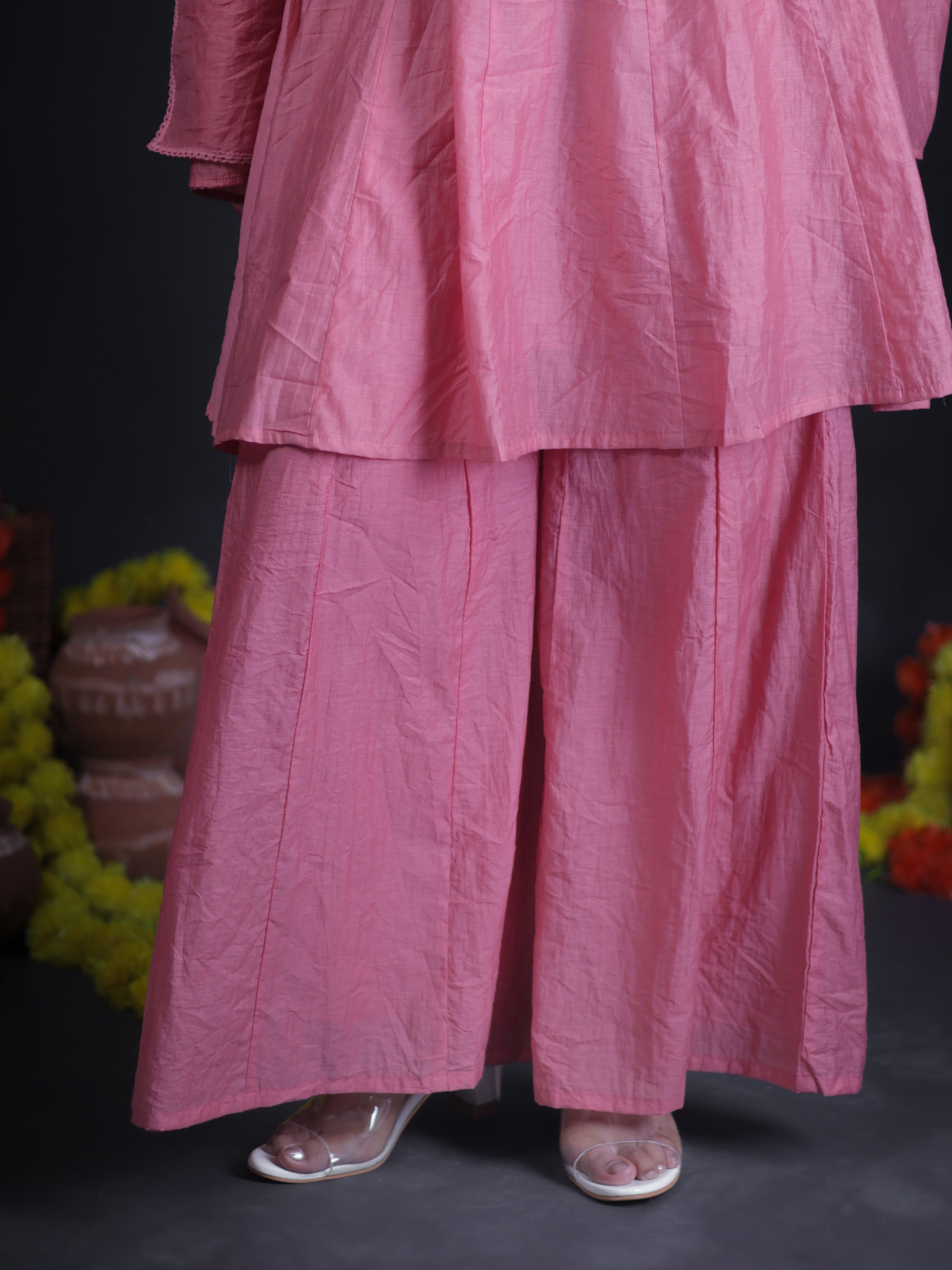 MAUVE PINK MIRROR EMBELLISHED MUL CHANDERI SHARARA SUIT SET