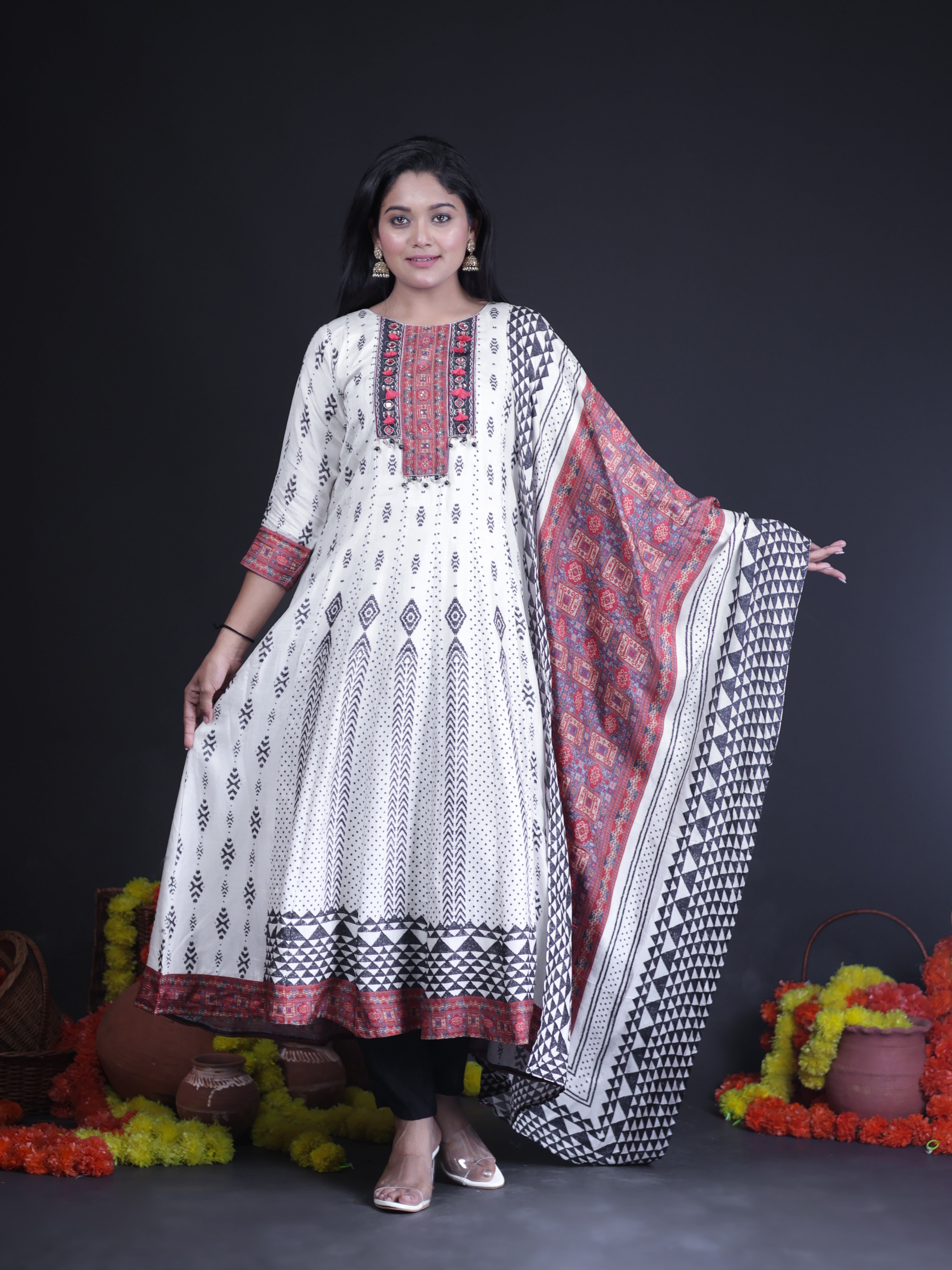 GYPSY PRINT MIRROR EMBELLISHED ANARKALI SUIT SET
