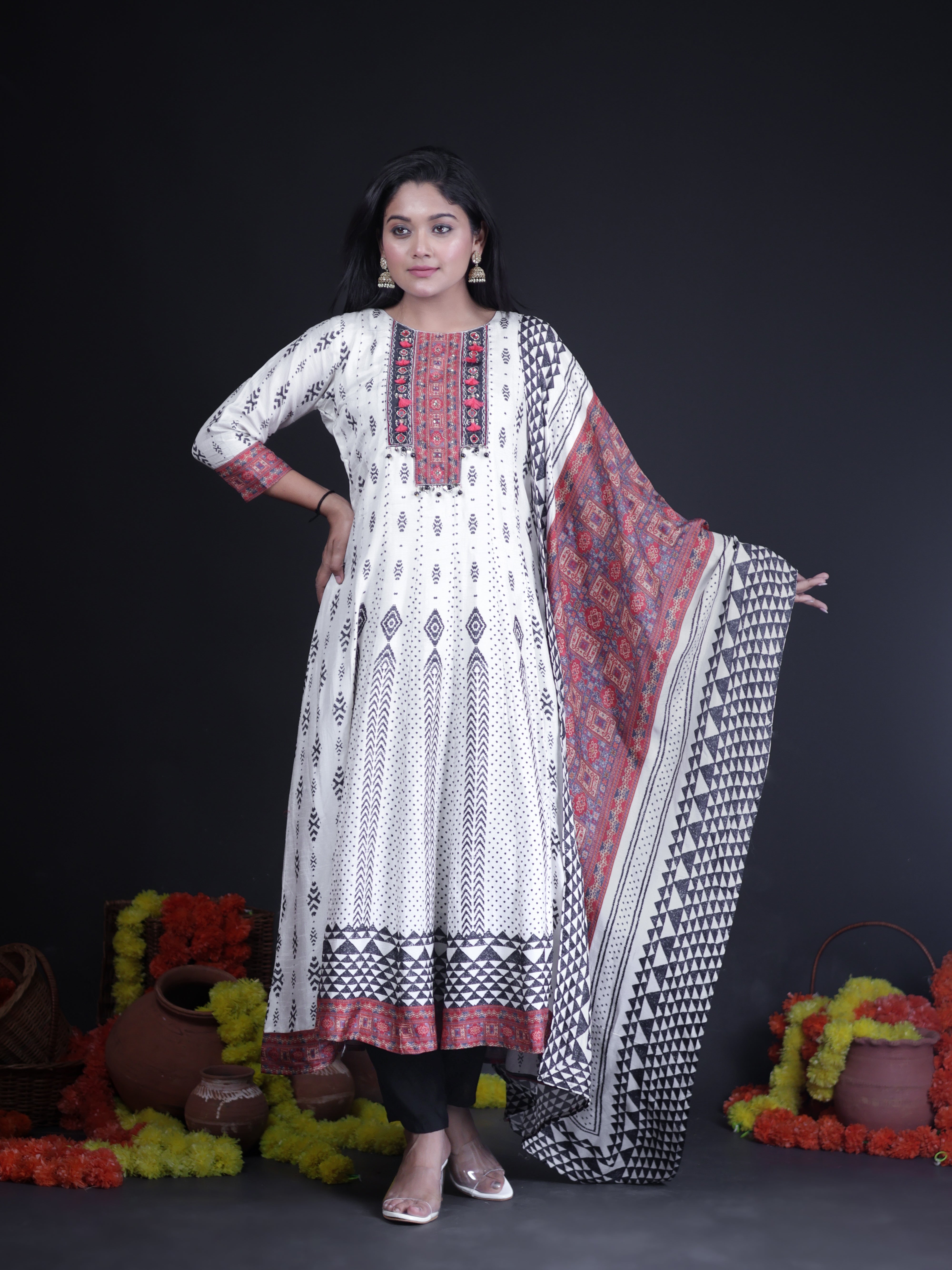 GYPSY PRINT MIRROR EMBELLISHED ANARKALI SUIT SET