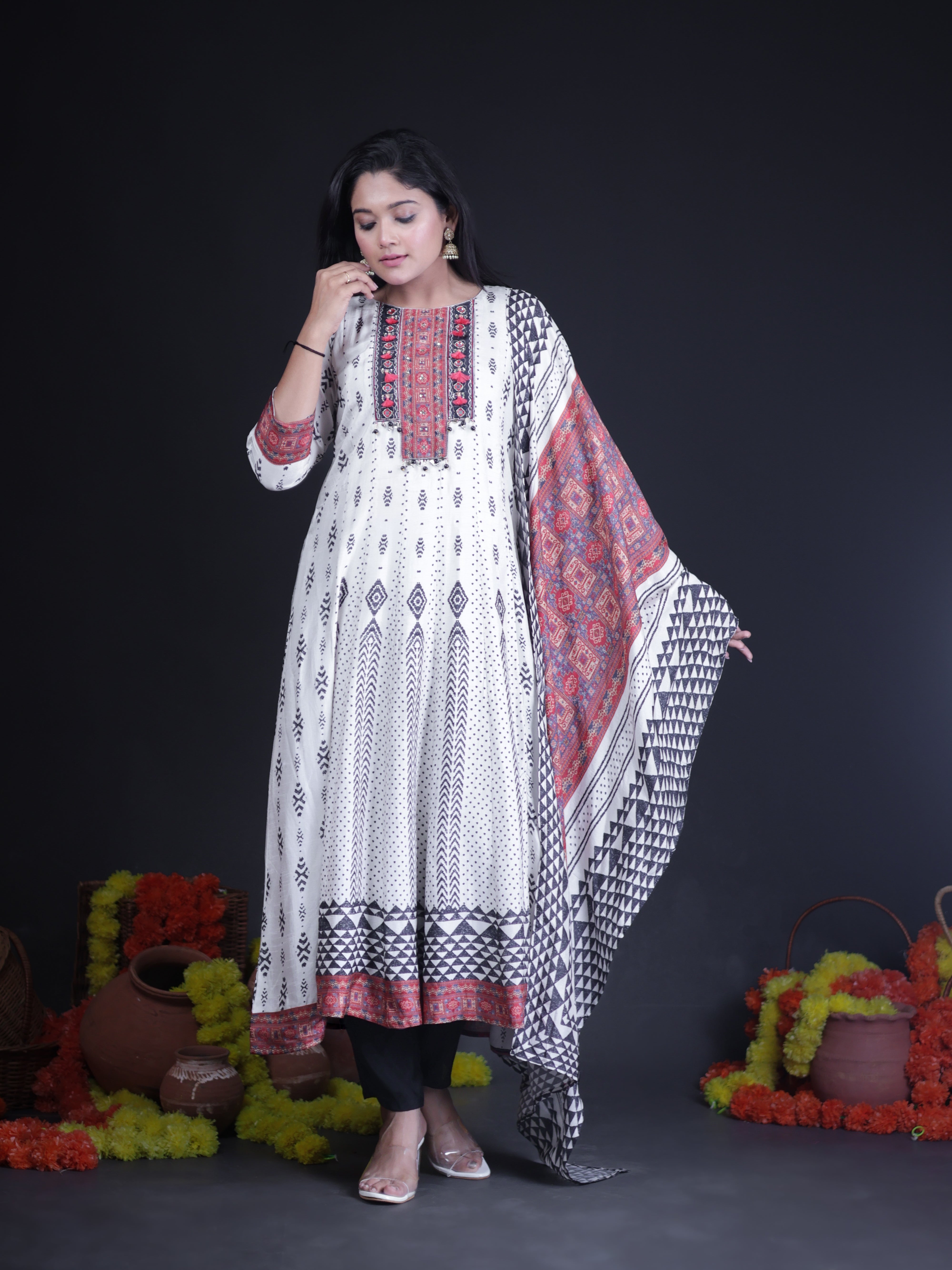 GYPSY PRINT MIRROR EMBELLISHED ANARKALI SUIT SET