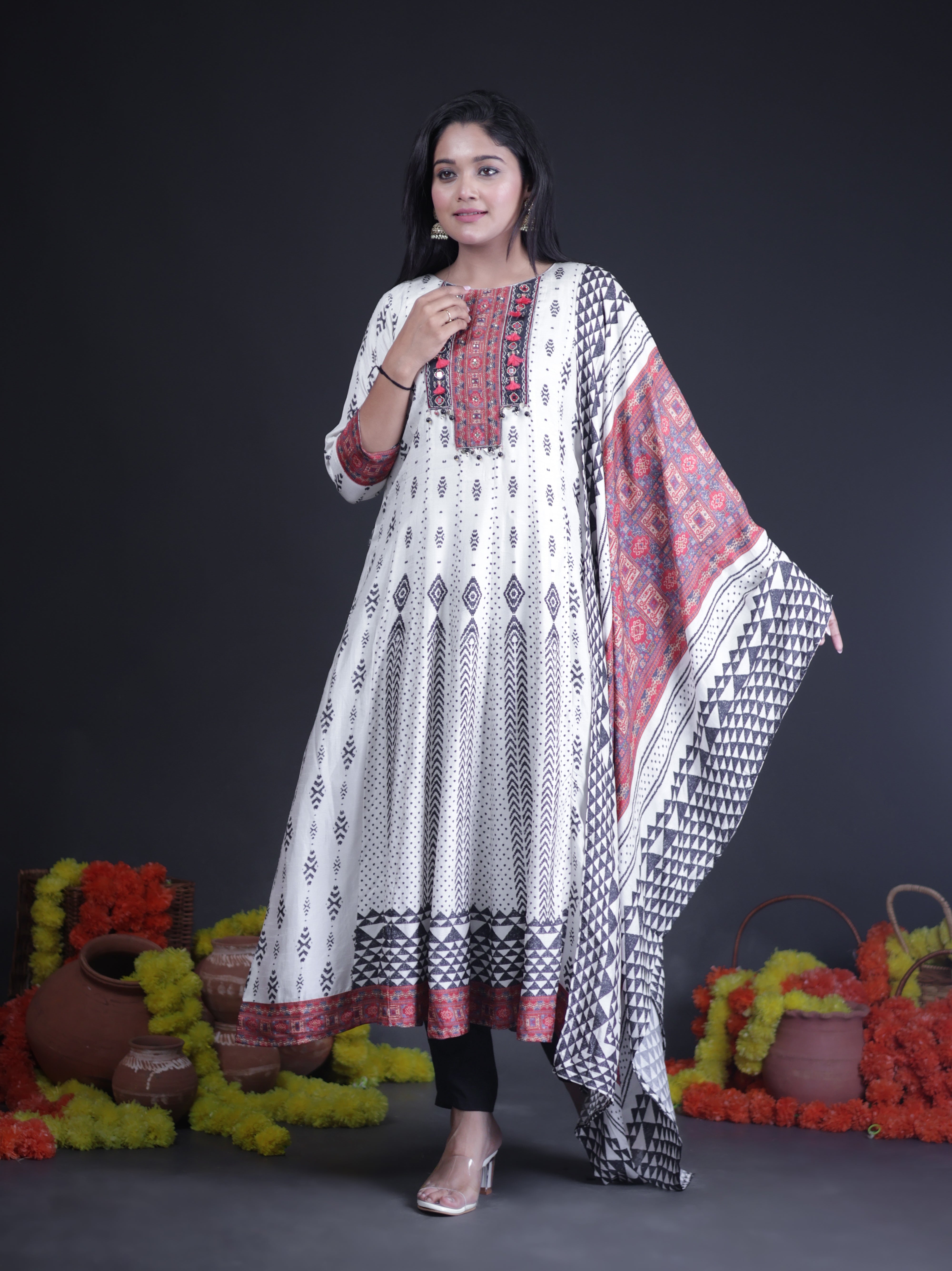 GYPSY PRINT MIRROR EMBELLISHED ANARKALI SUIT SET