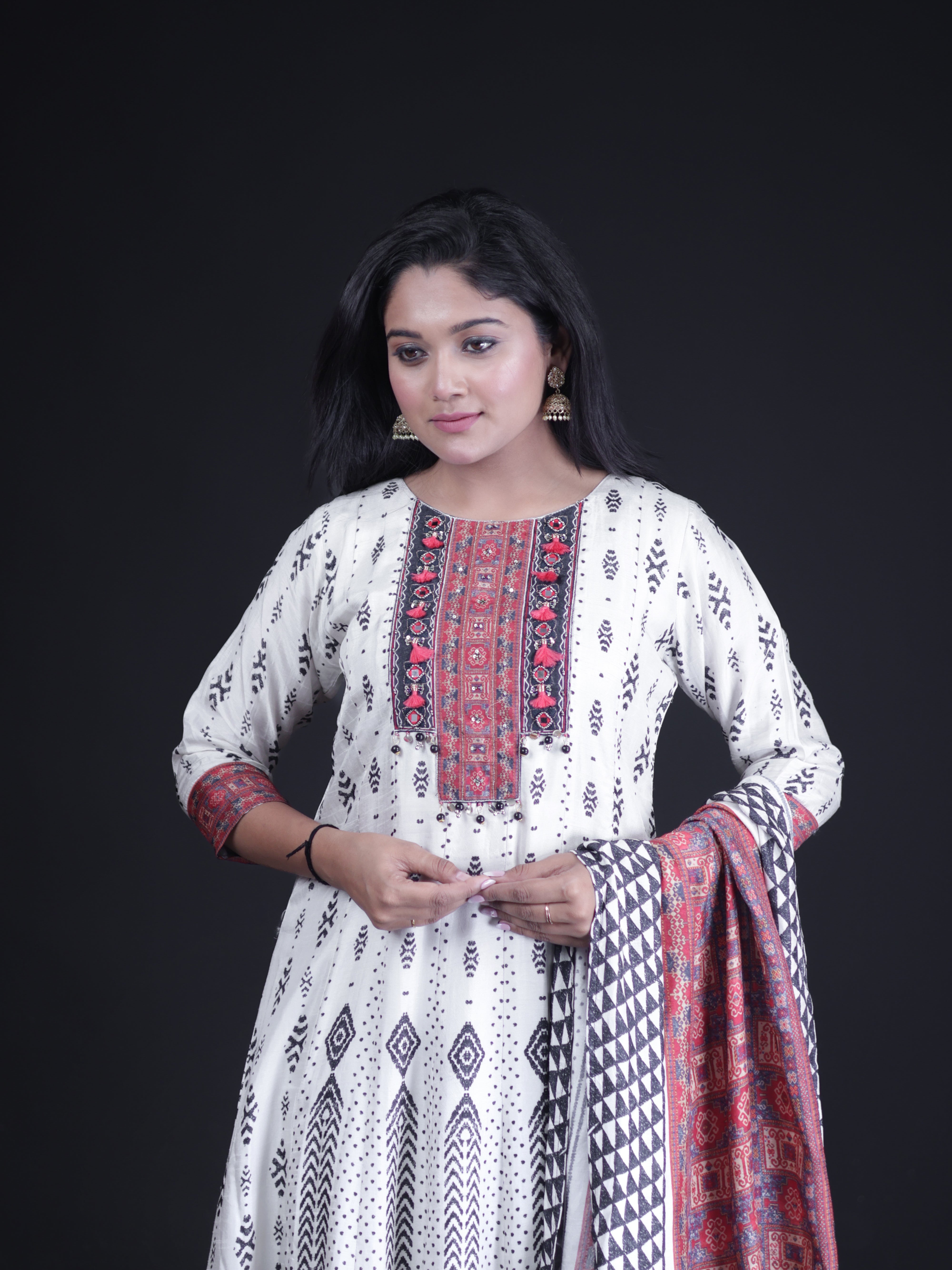 GYPSY PRINT MIRROR EMBELLISHED ANARKALI SUIT SET