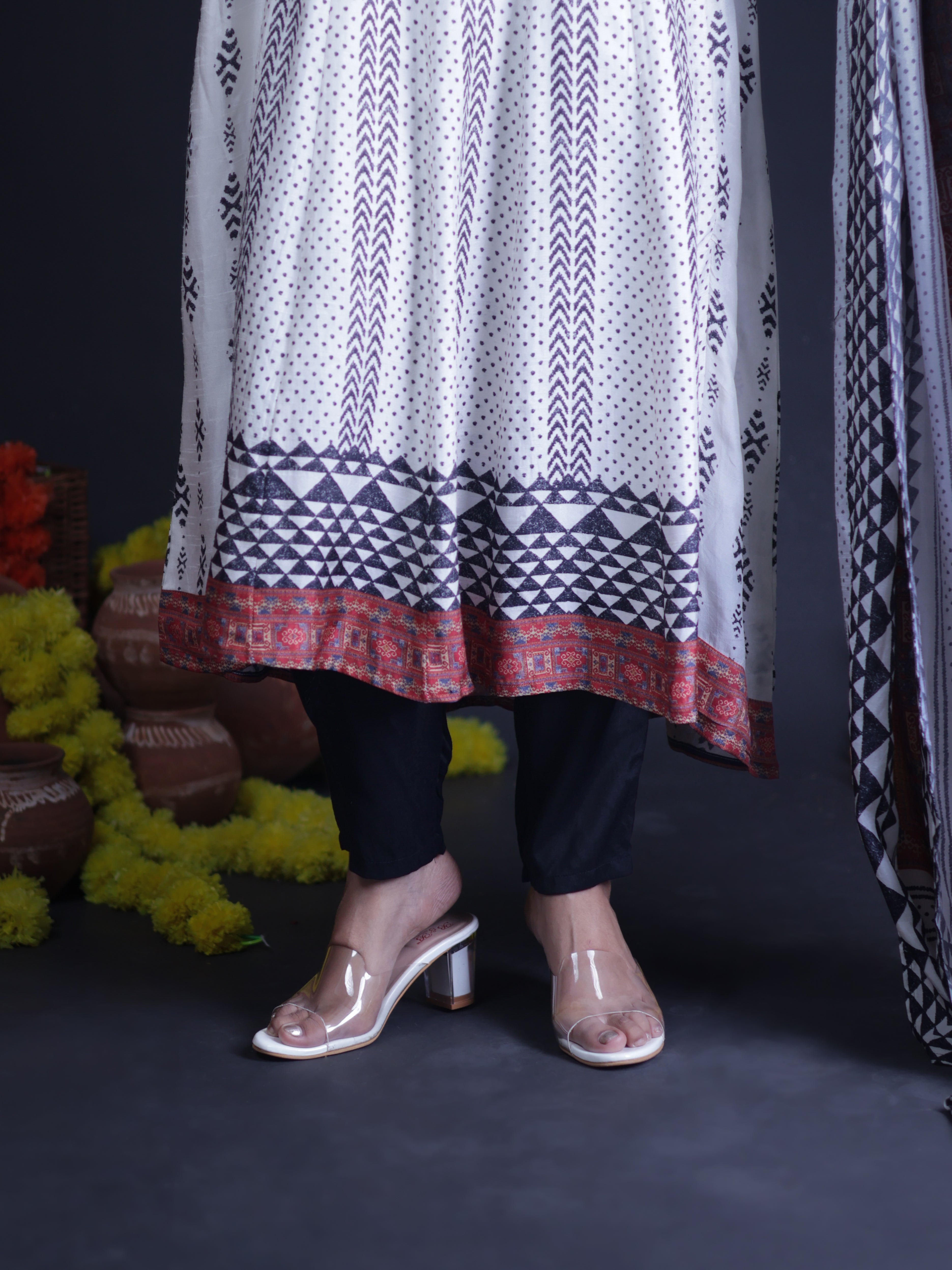 GYPSY PRINT MIRROR EMBELLISHED ANARKALI SUIT SET