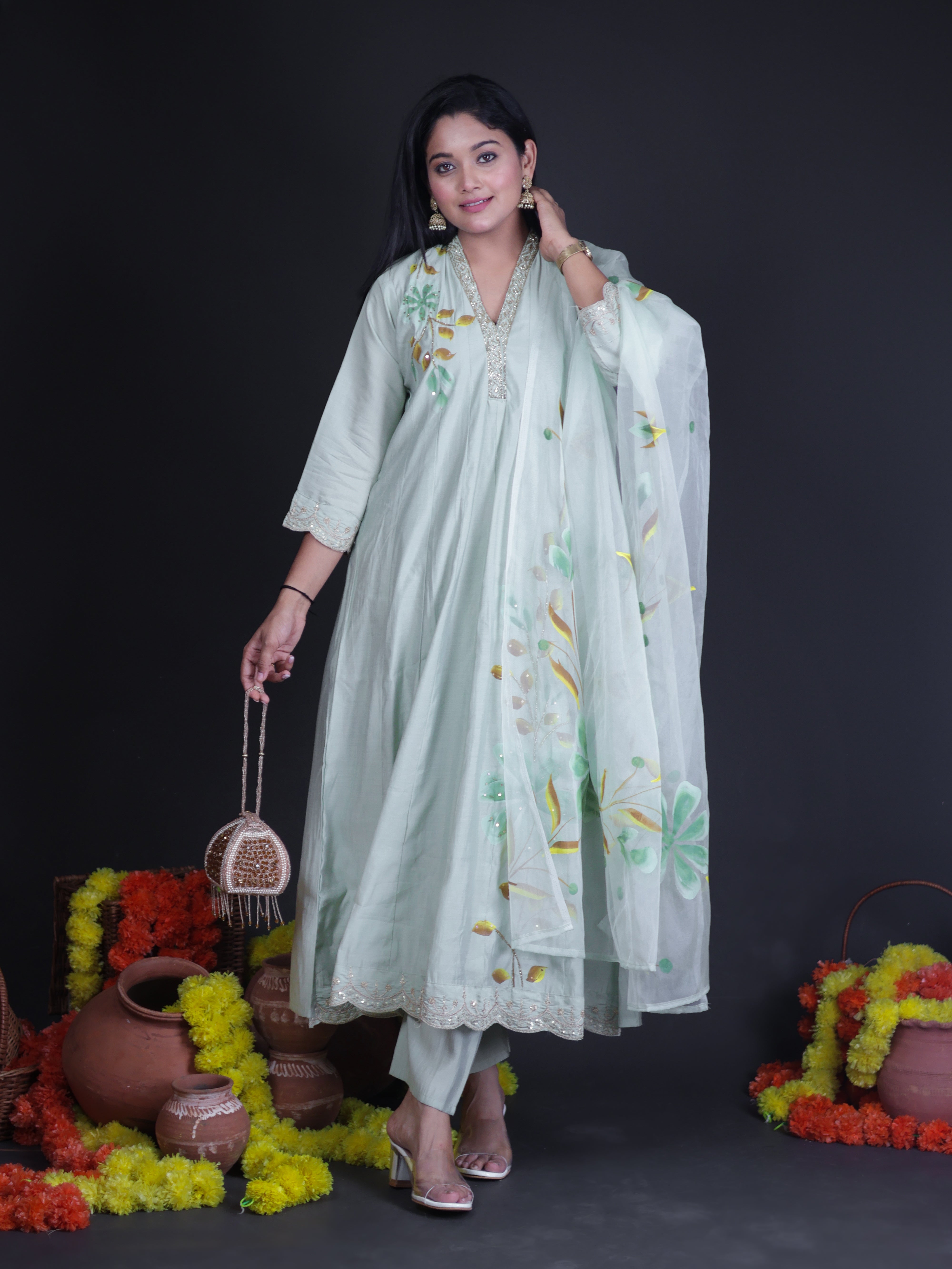 PISTA GREEN BRUSH PAINTED ANARKALI SUIT SET