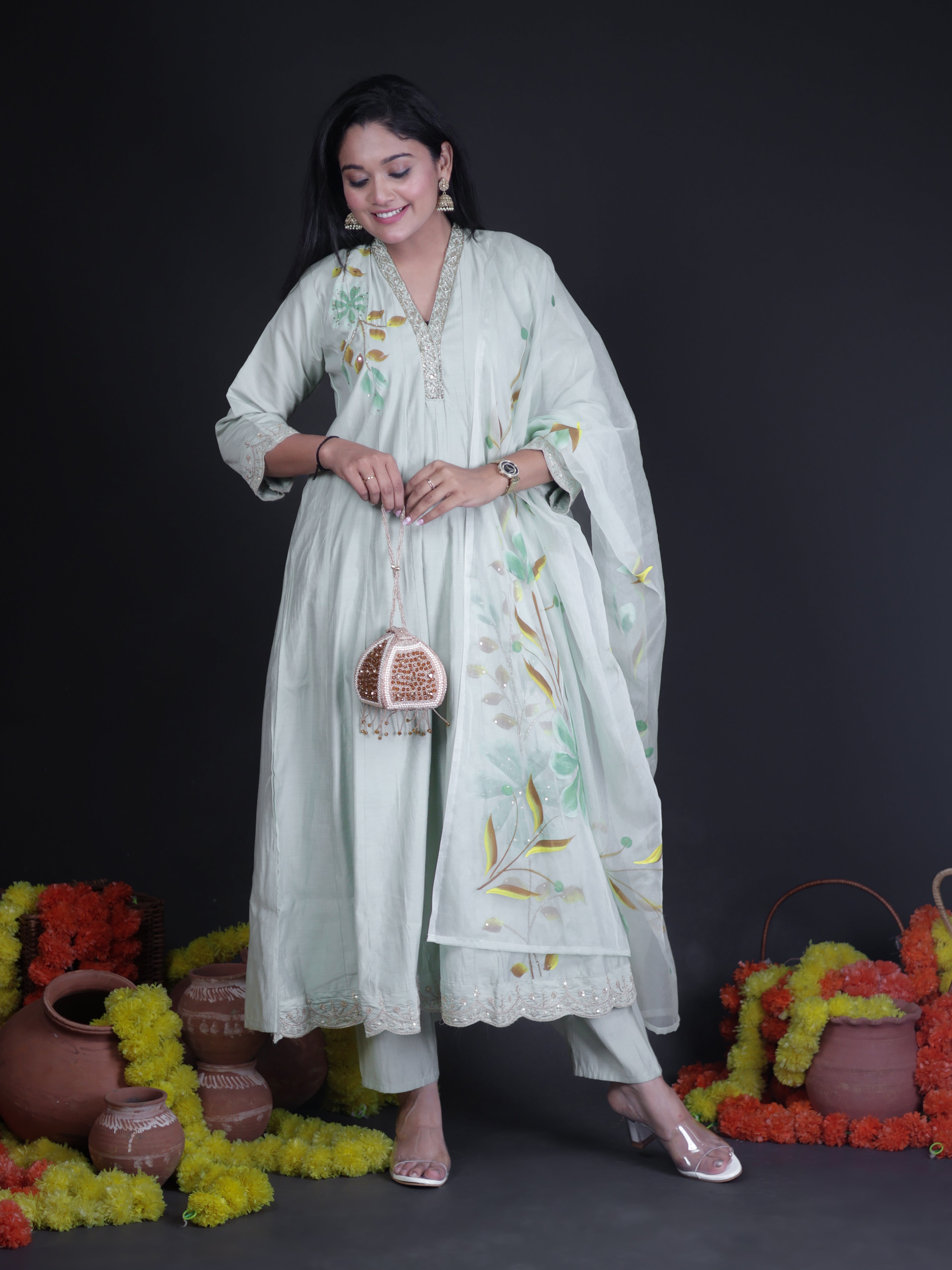 PISTA GREEN BRUSH PAINTED ANARKALI SUIT SET