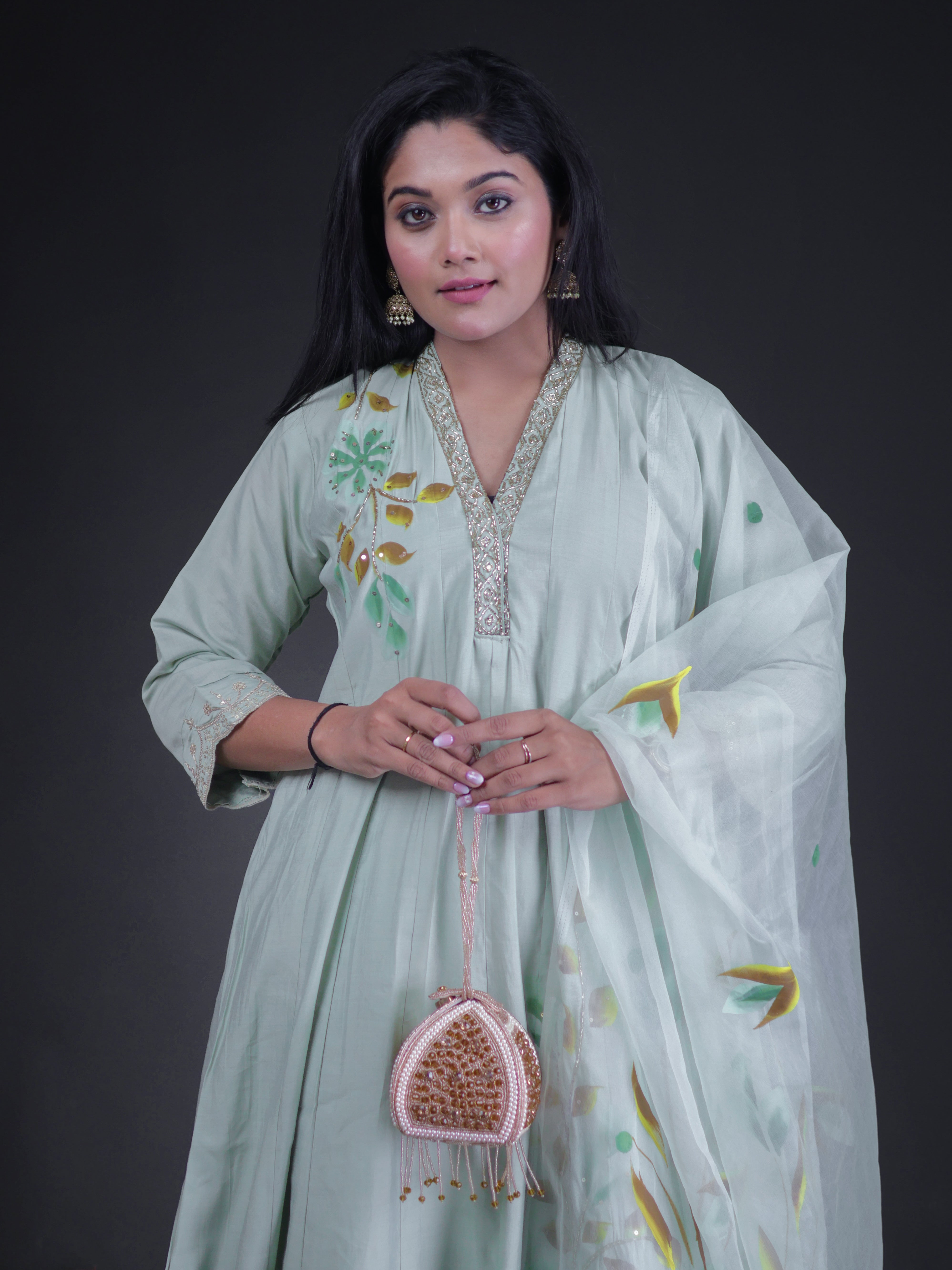 PISTA GREEN BRUSH PAINTED ANARKALI SUIT SET