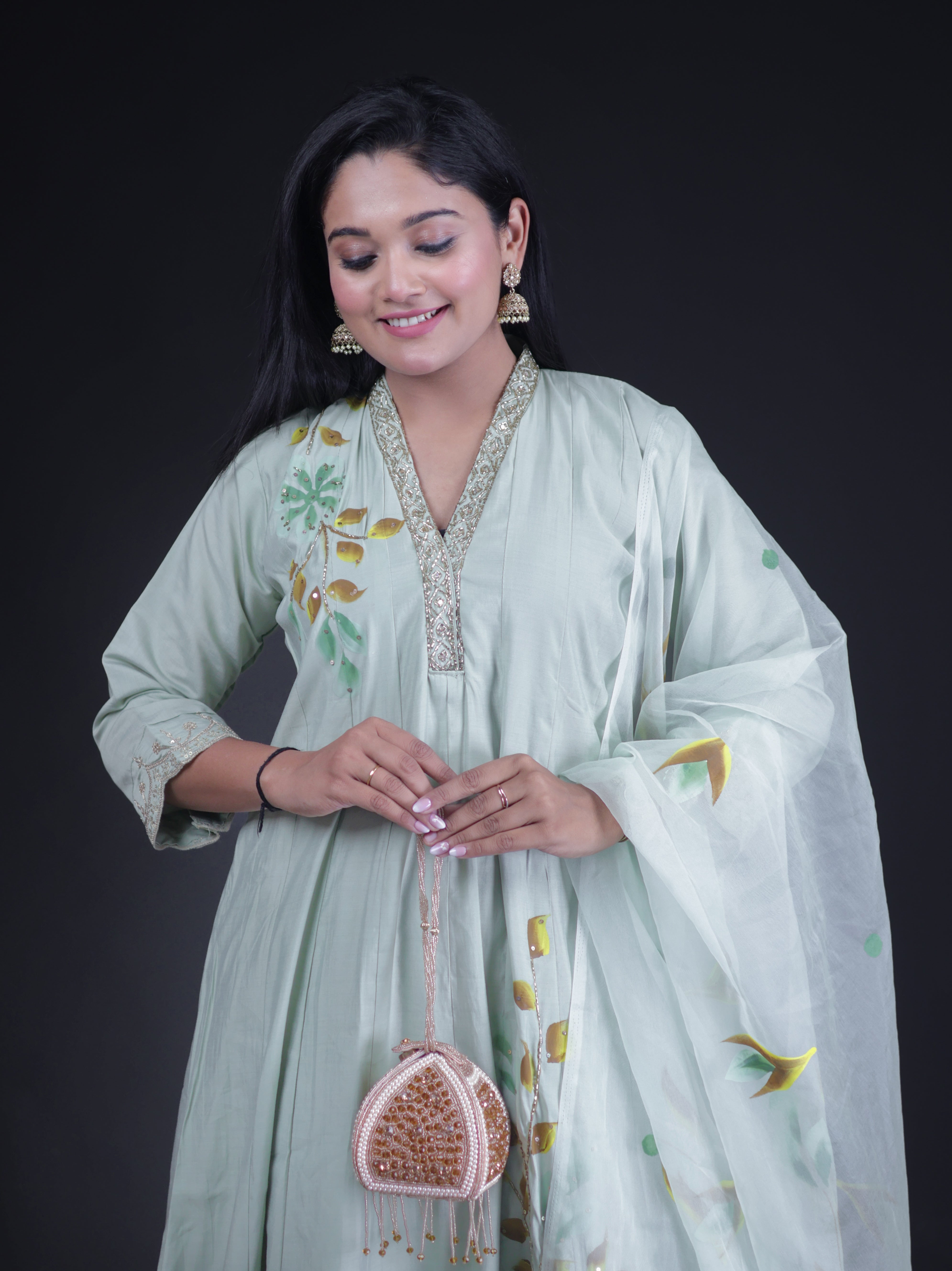 PISTA GREEN BRUSH PAINTED ANARKALI SUIT SET