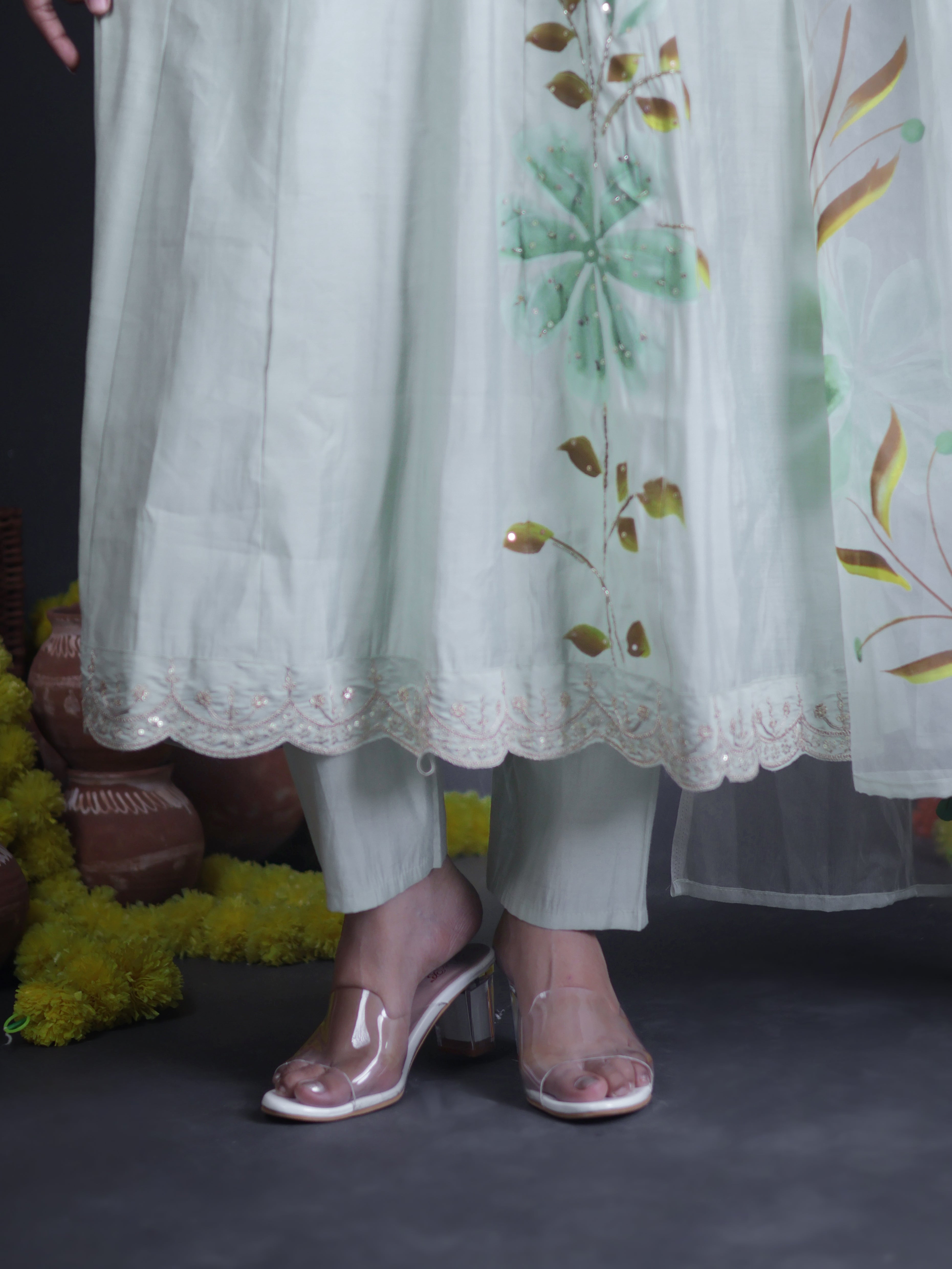 PISTA GREEN BRUSH PAINTED ANARKALI SUIT SET