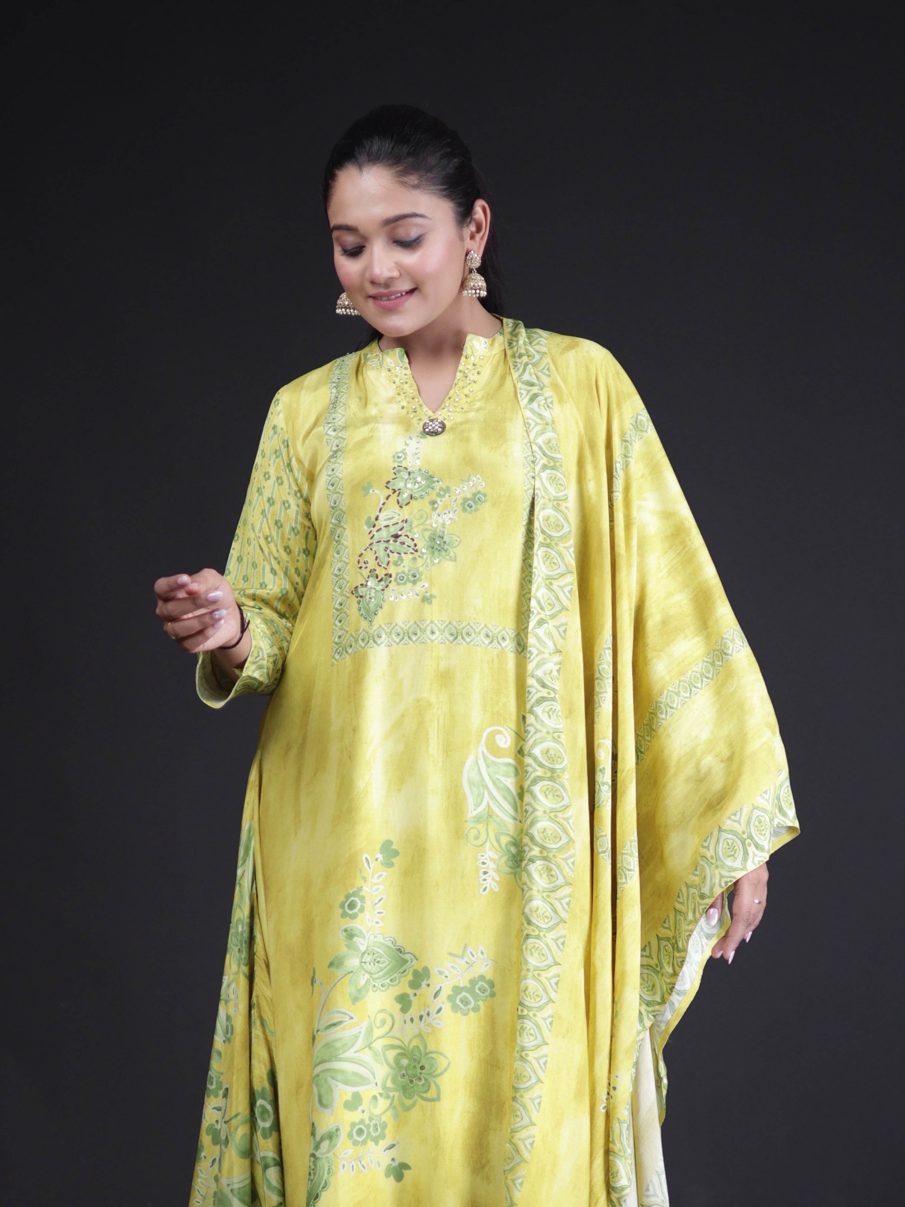 LIME YELLOW EMBELLISHED A-CUT PURE MUSLIN SUIT SET