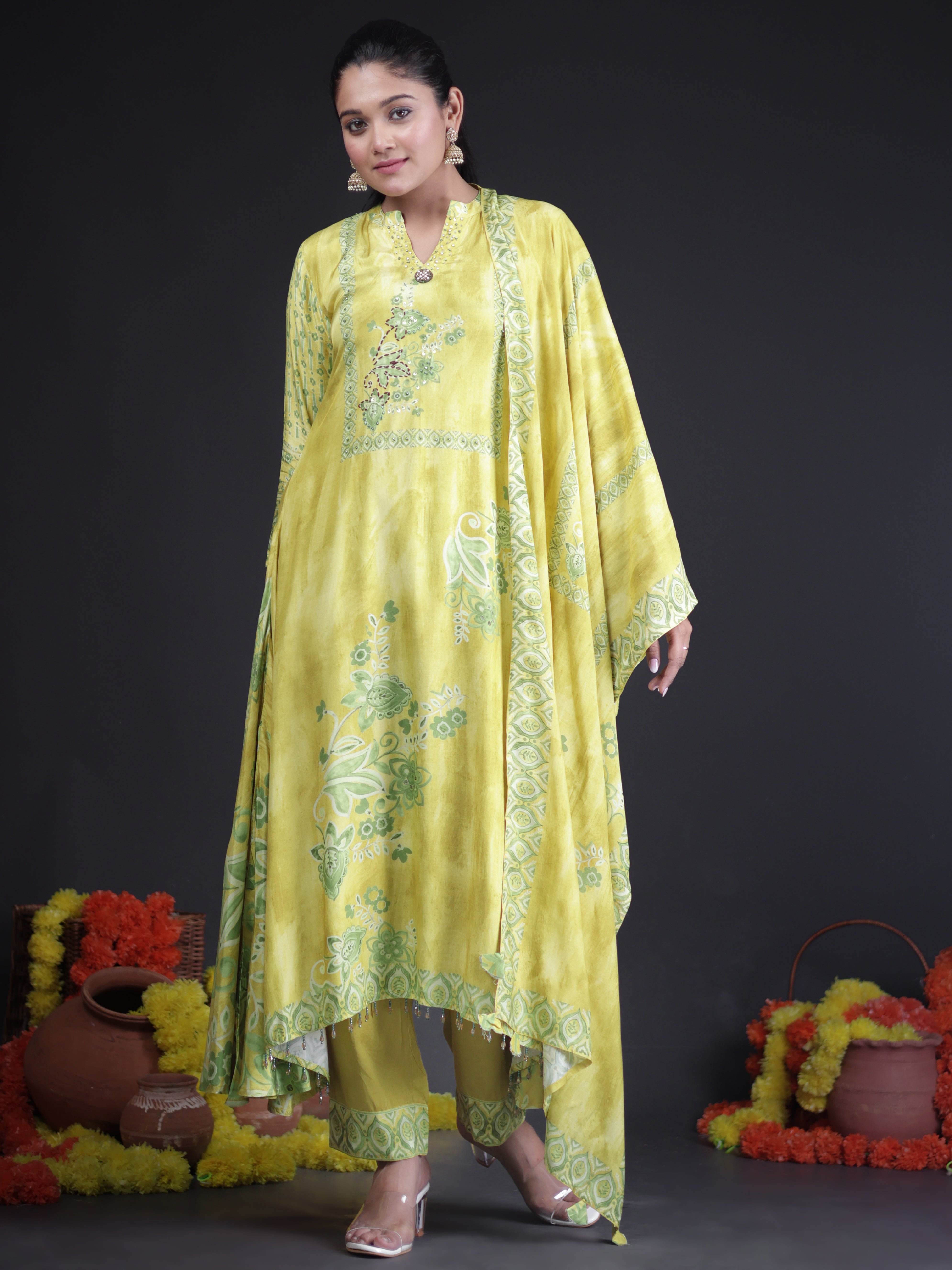 LIME YELLOW EMBELLISHED A-CUT PURE MUSLIN SUIT SET