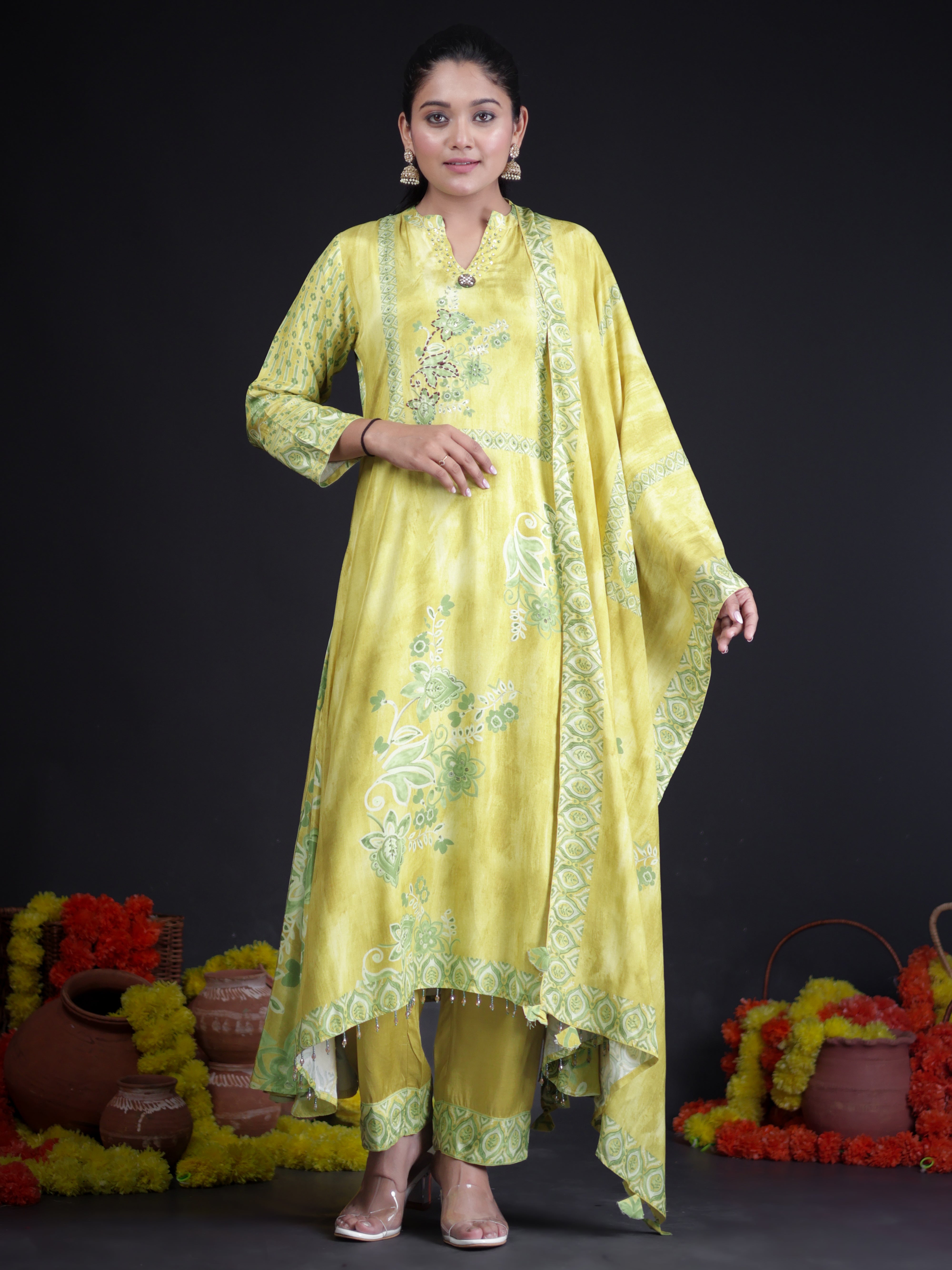 LIME YELLOW EMBELLISHED A-CUT PURE MUSLIN SUIT SET
