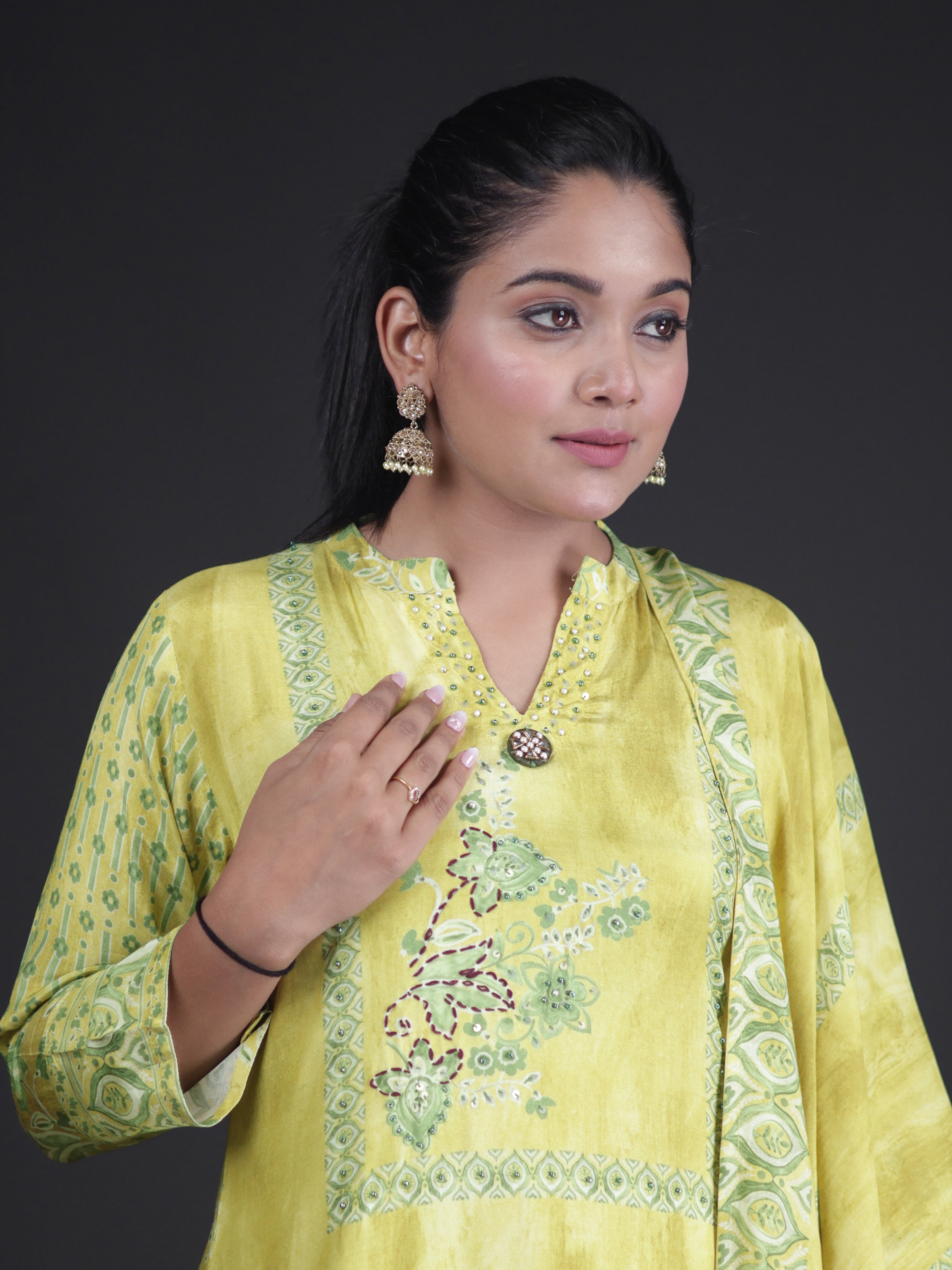 LIME YELLOW EMBELLISHED A-CUT PURE MUSLIN SUIT SET