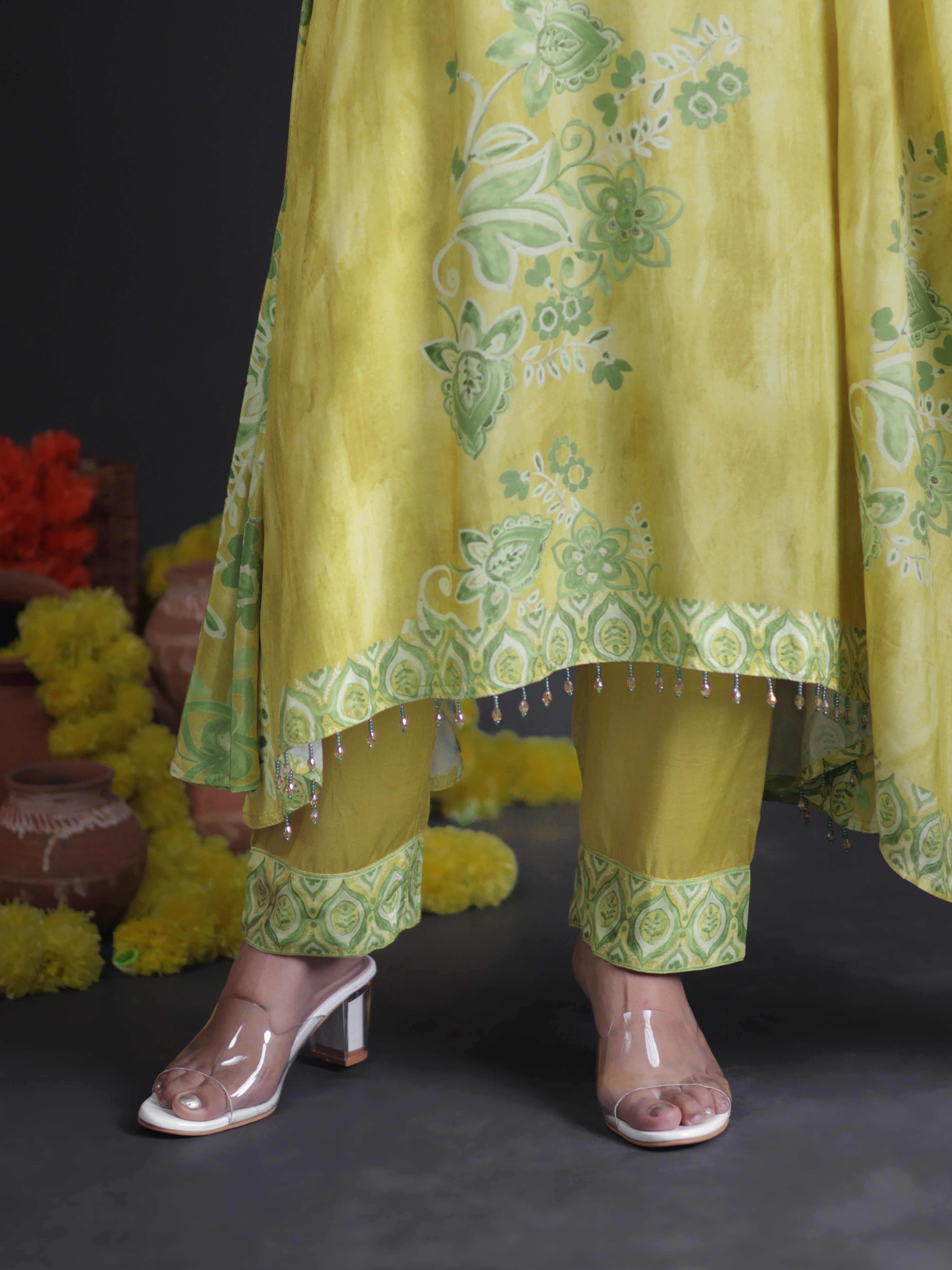 LIME YELLOW EMBELLISHED A-CUT PURE MUSLIN SUIT SET