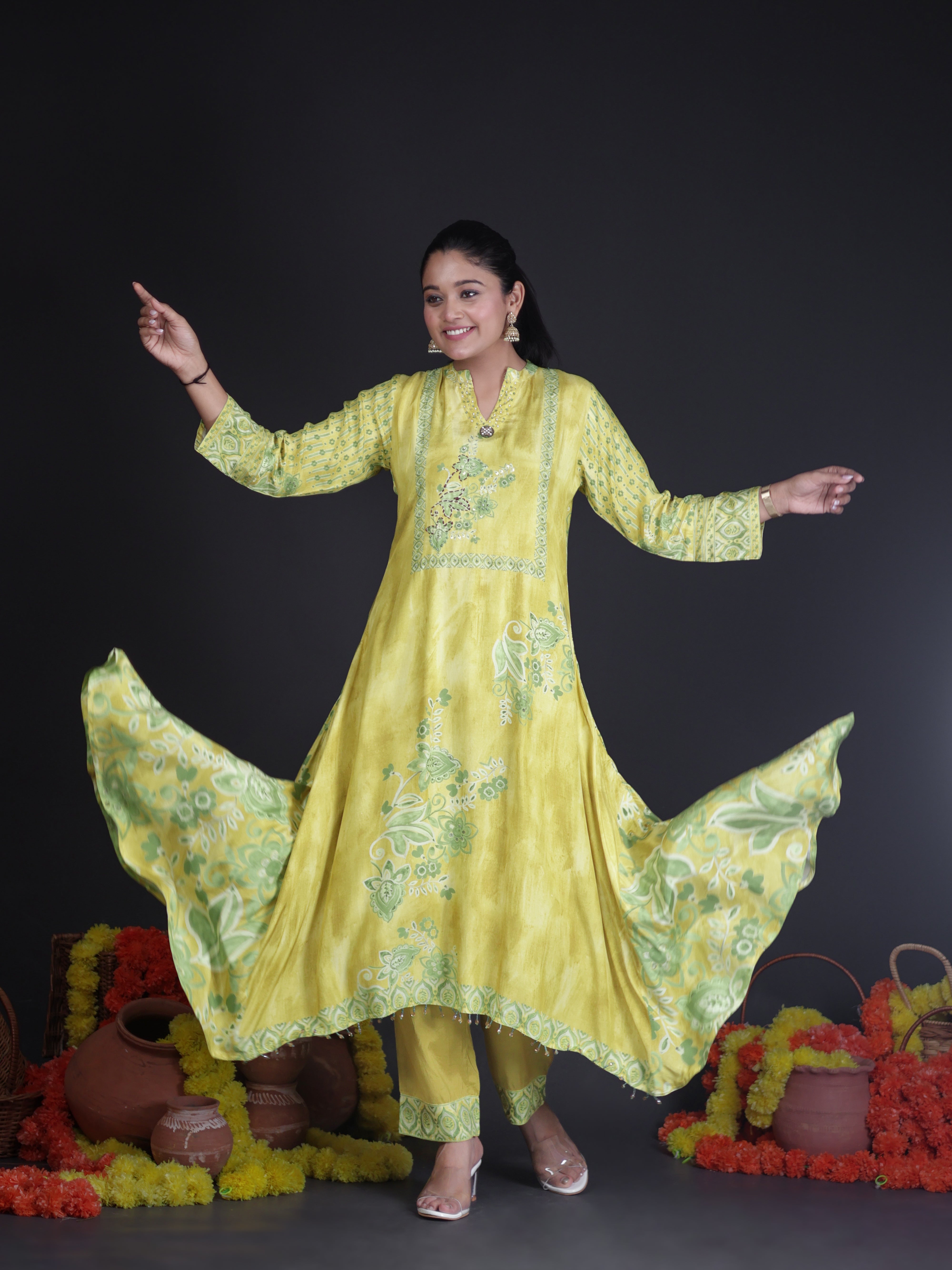 LIME YELLOW EMBELLISHED A-CUT PURE MUSLIN SUIT SET