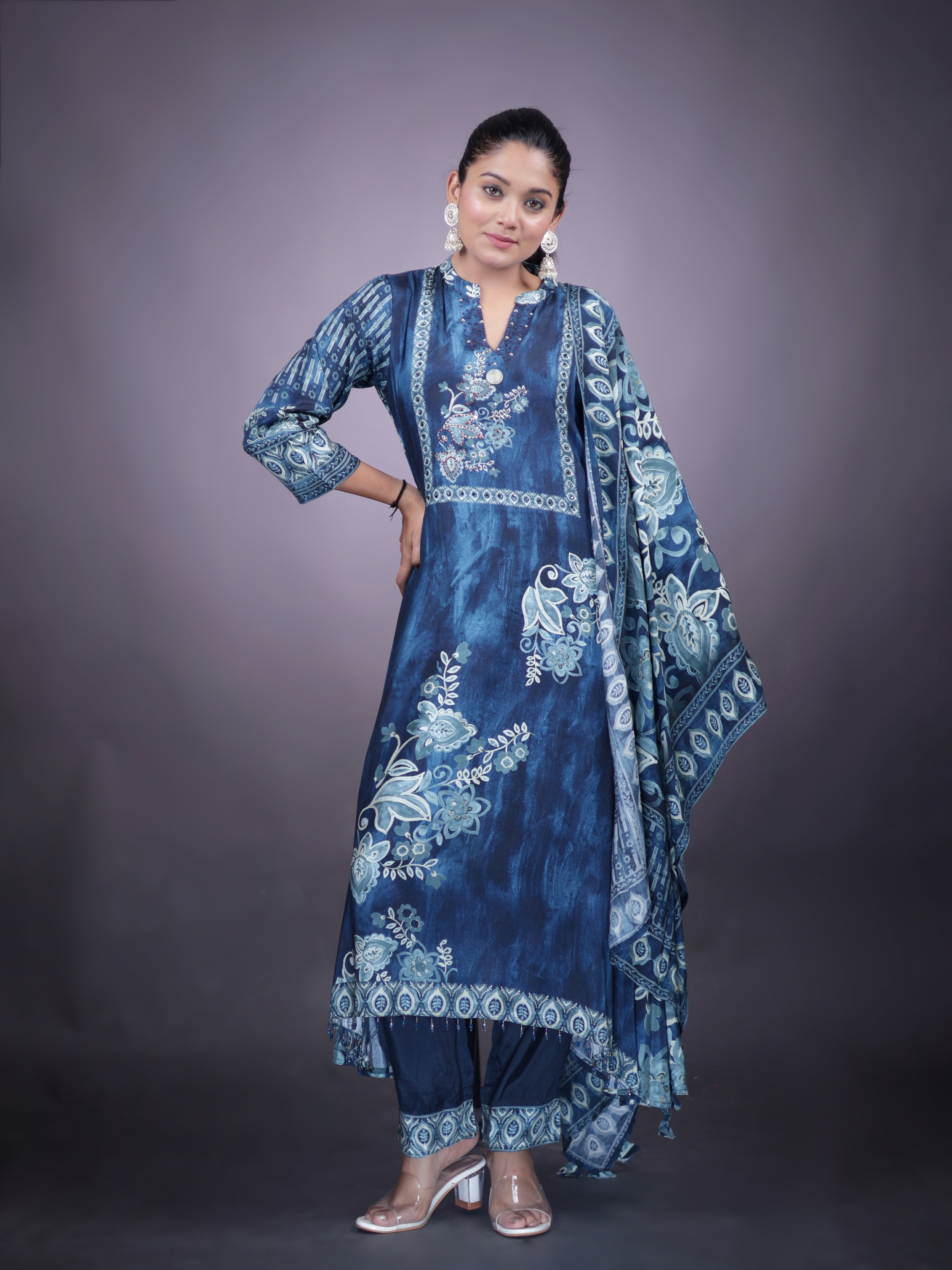 INDIGO BLOOMS EMBELLISHED PURE MUSLIN SUIT SET