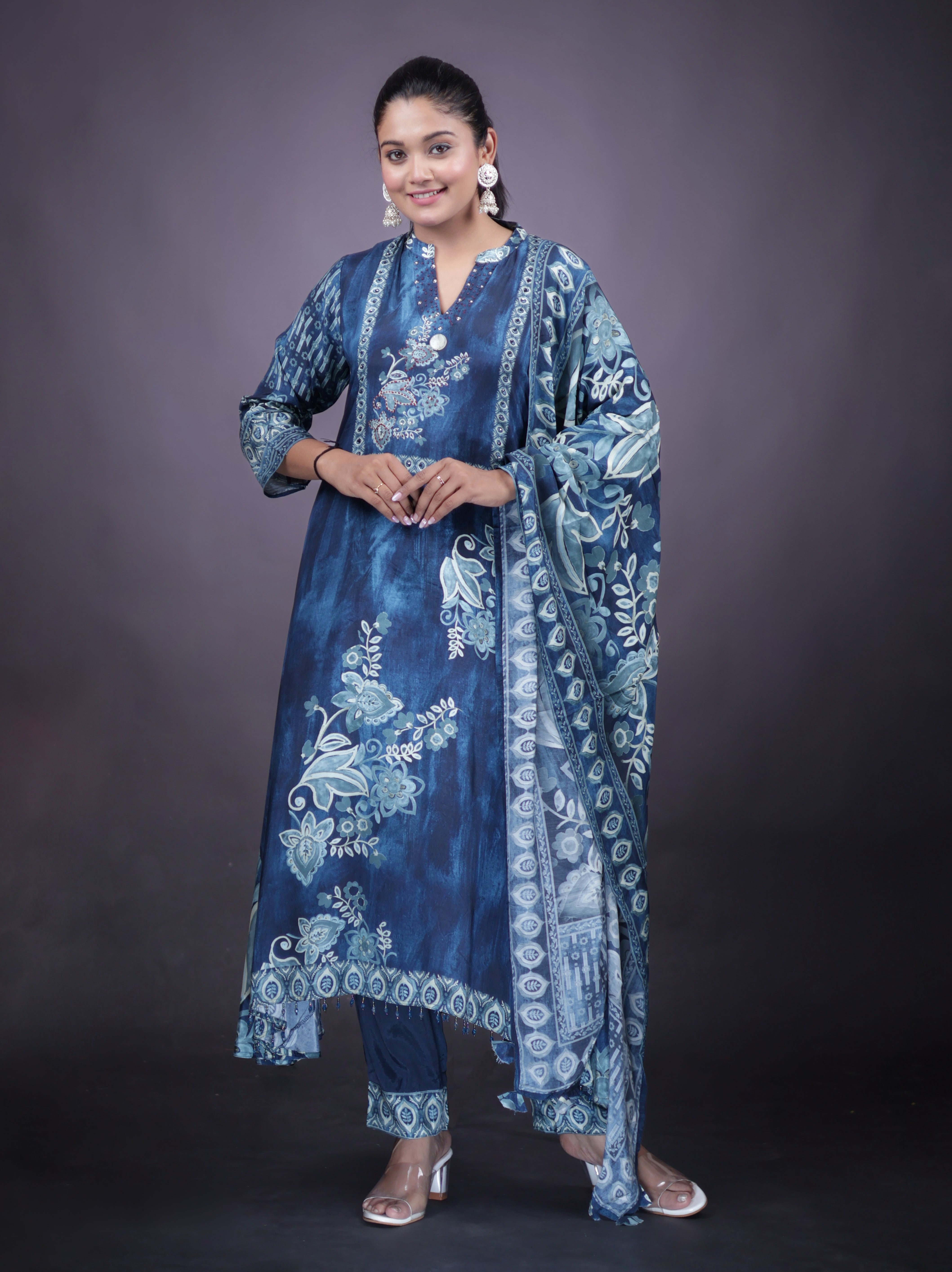 INDIGO BLOOMS EMBELLISHED PURE MUSLIN SUIT SET