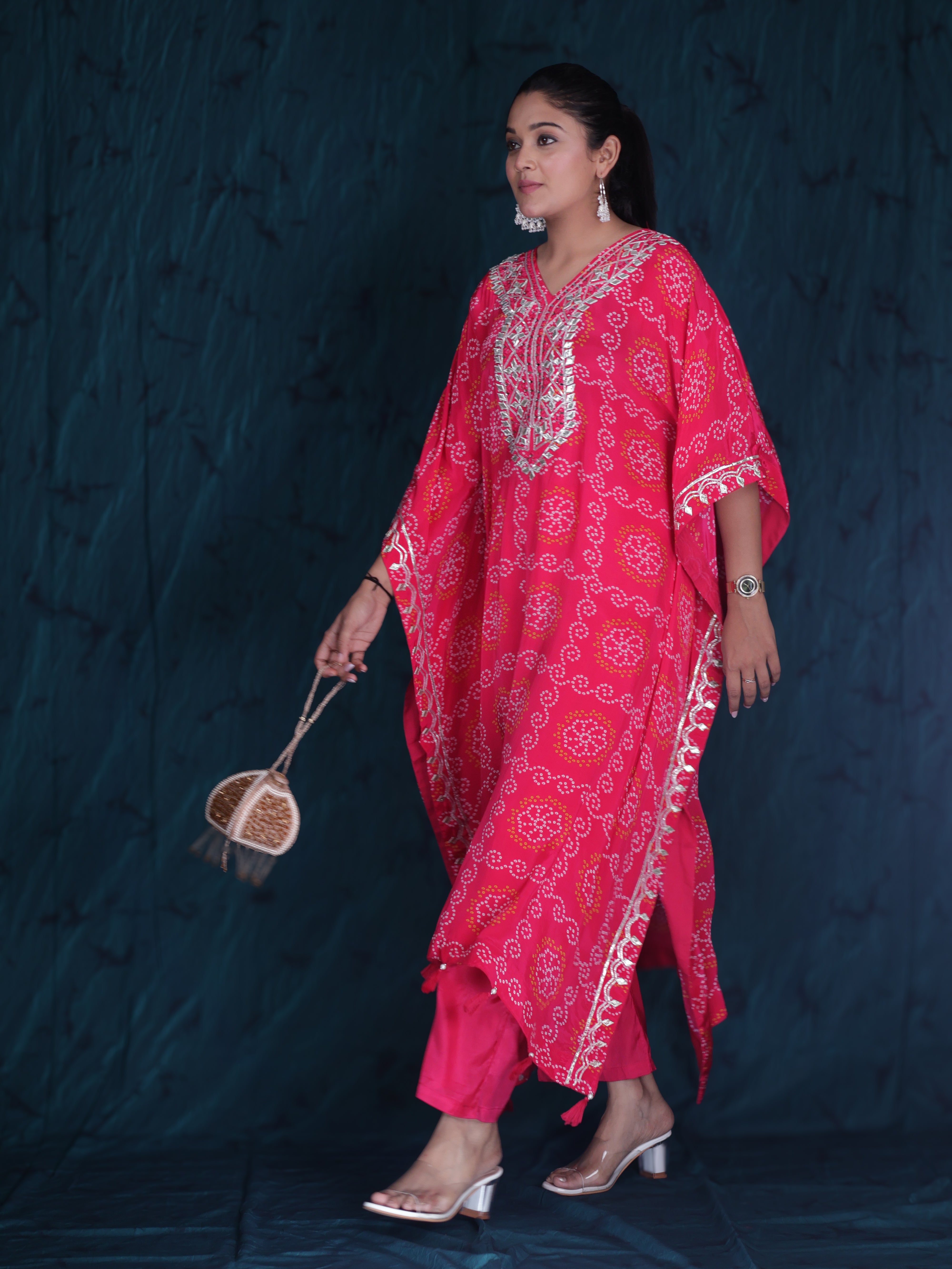 PINK BANDHANI EMBELLISHED KAFTAN KURTA SET