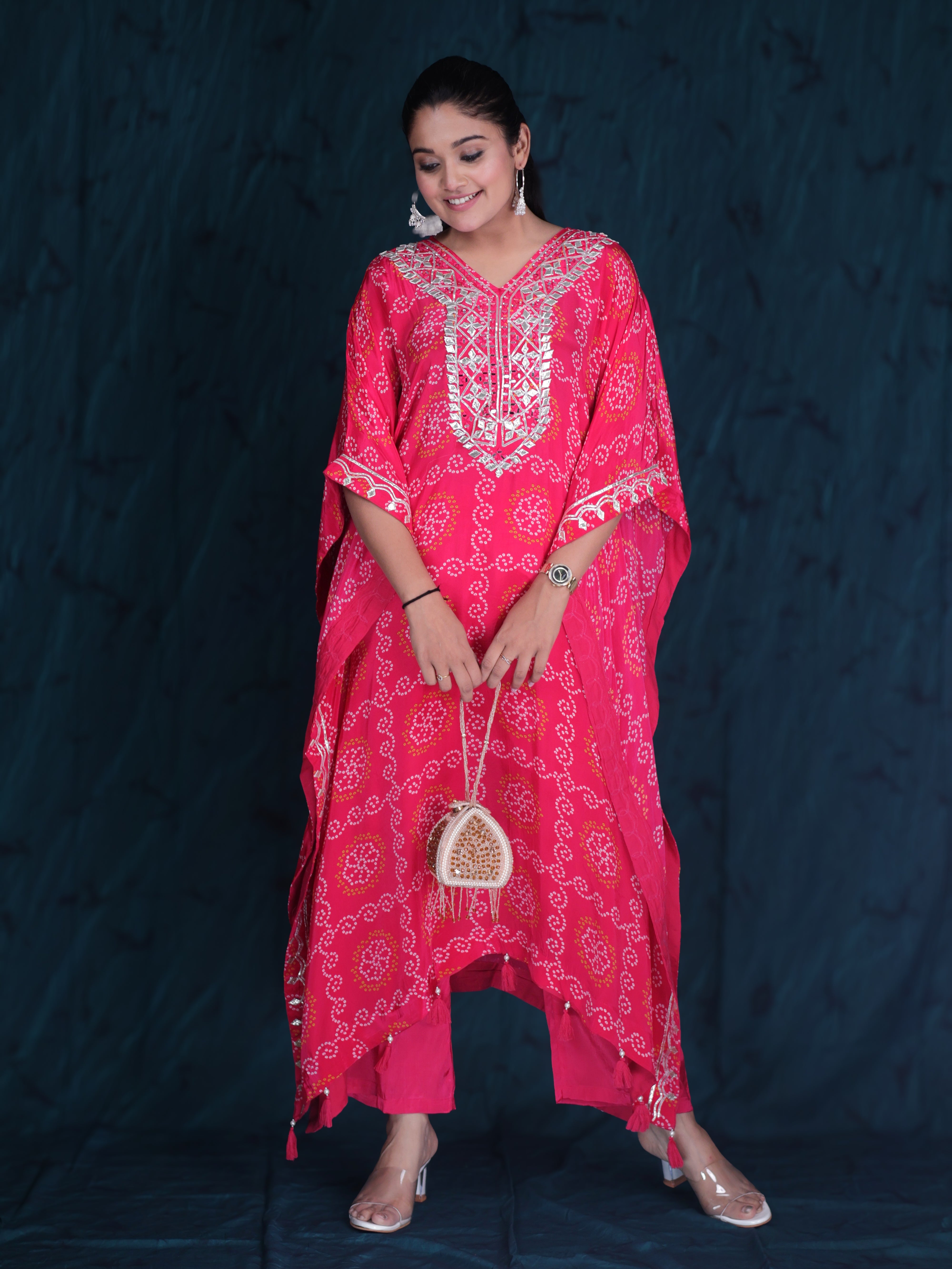 PINK BANDHANI EMBELLISHED KAFTAN KURTA SET