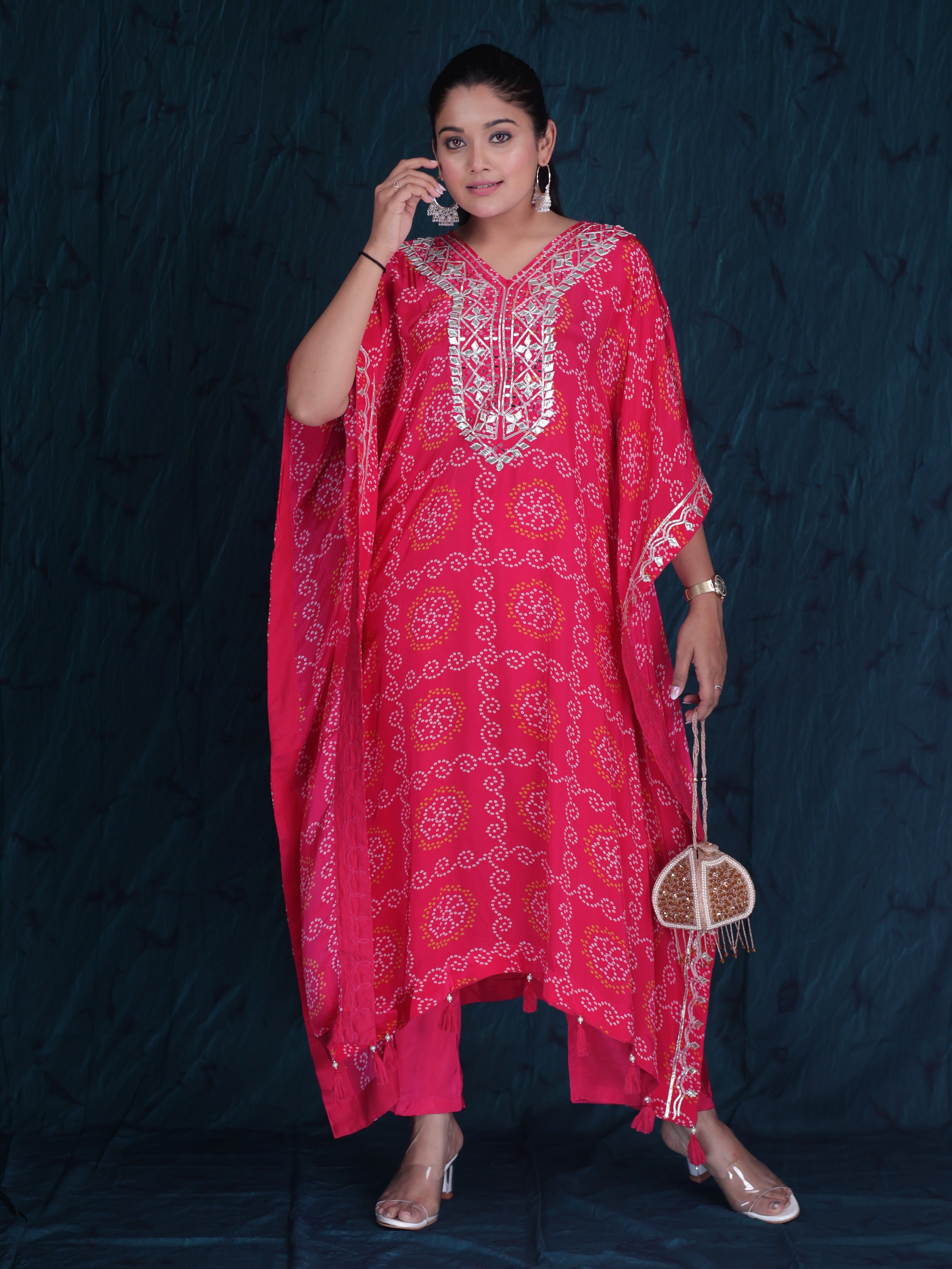 PINK BANDHANI EMBELLISHED KAFTAN KURTA SET