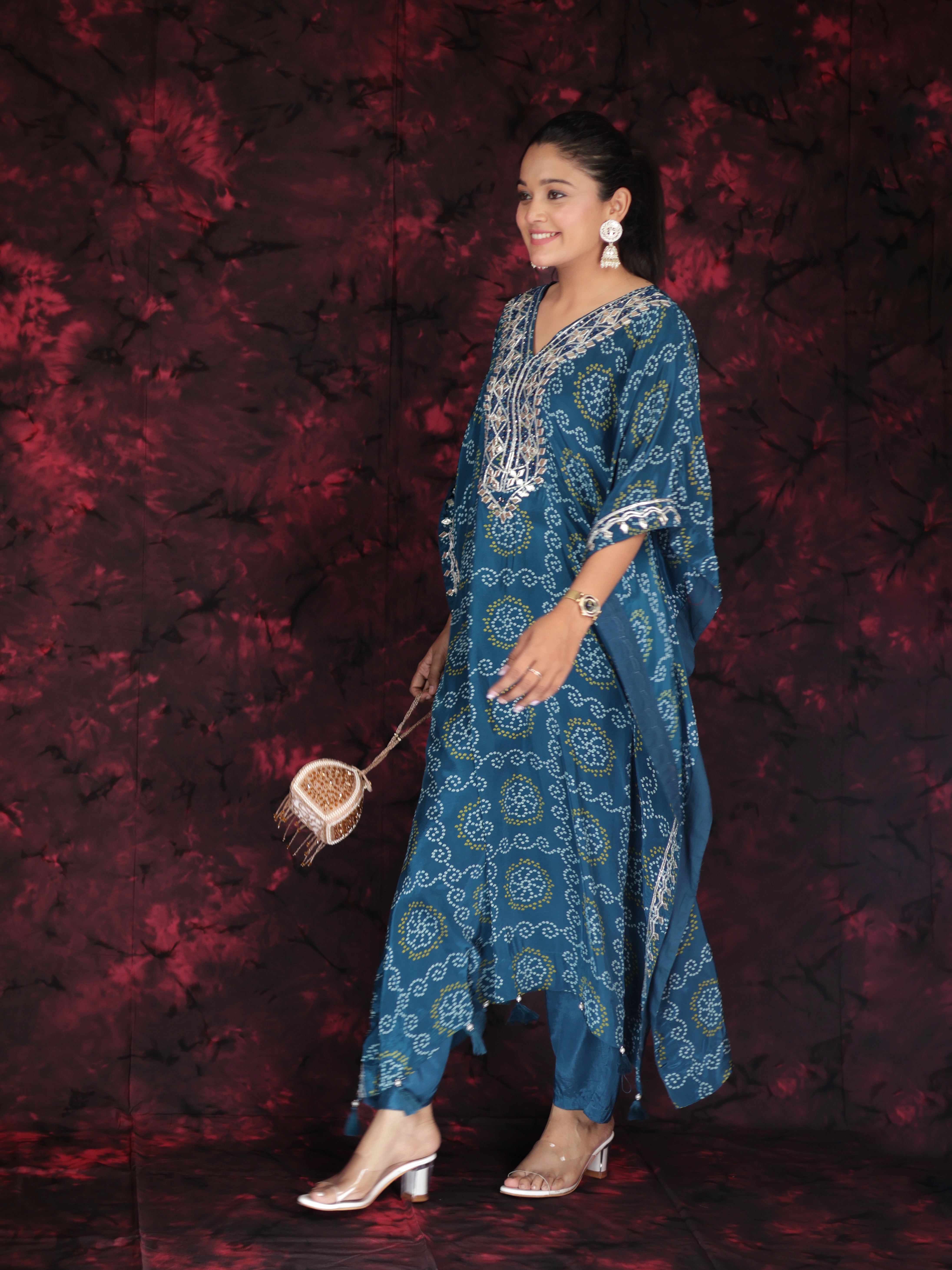 ROYAL BLUE BANDHANI EMBELLISHED KAFTAN KURTA SET