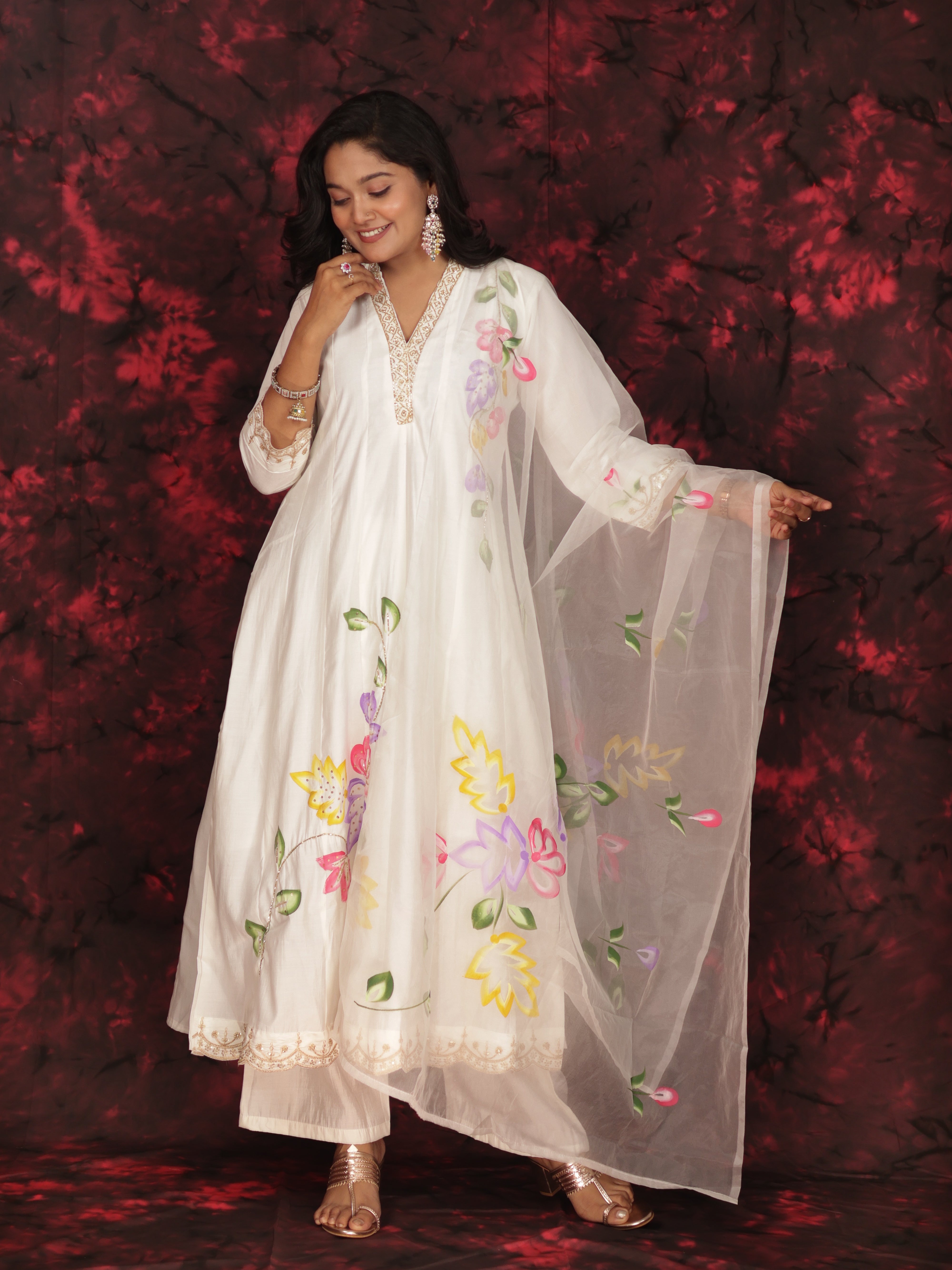 WHIMSICAL WHIITE BRUSH PAINTED ANARKALI SUIT SET