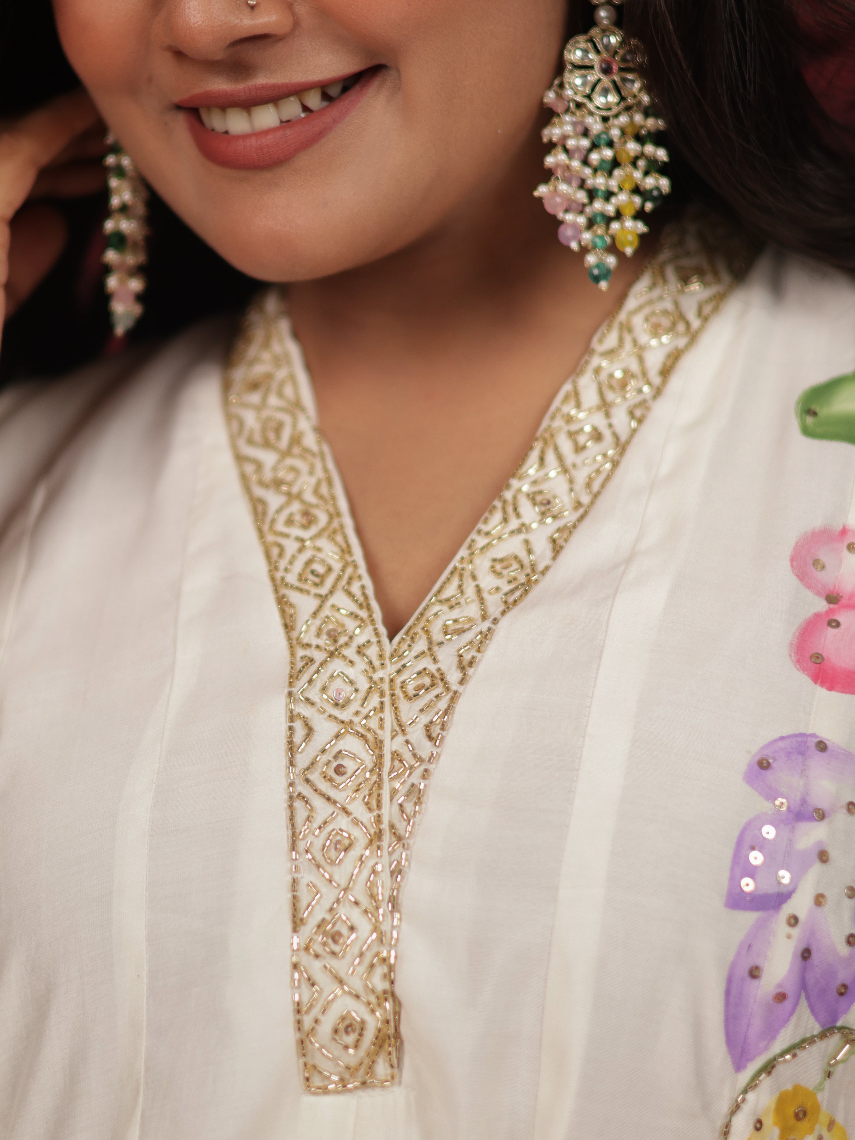 WHIMSICAL WHIITE BRUSH PAINTED ANARKALI SUIT SET