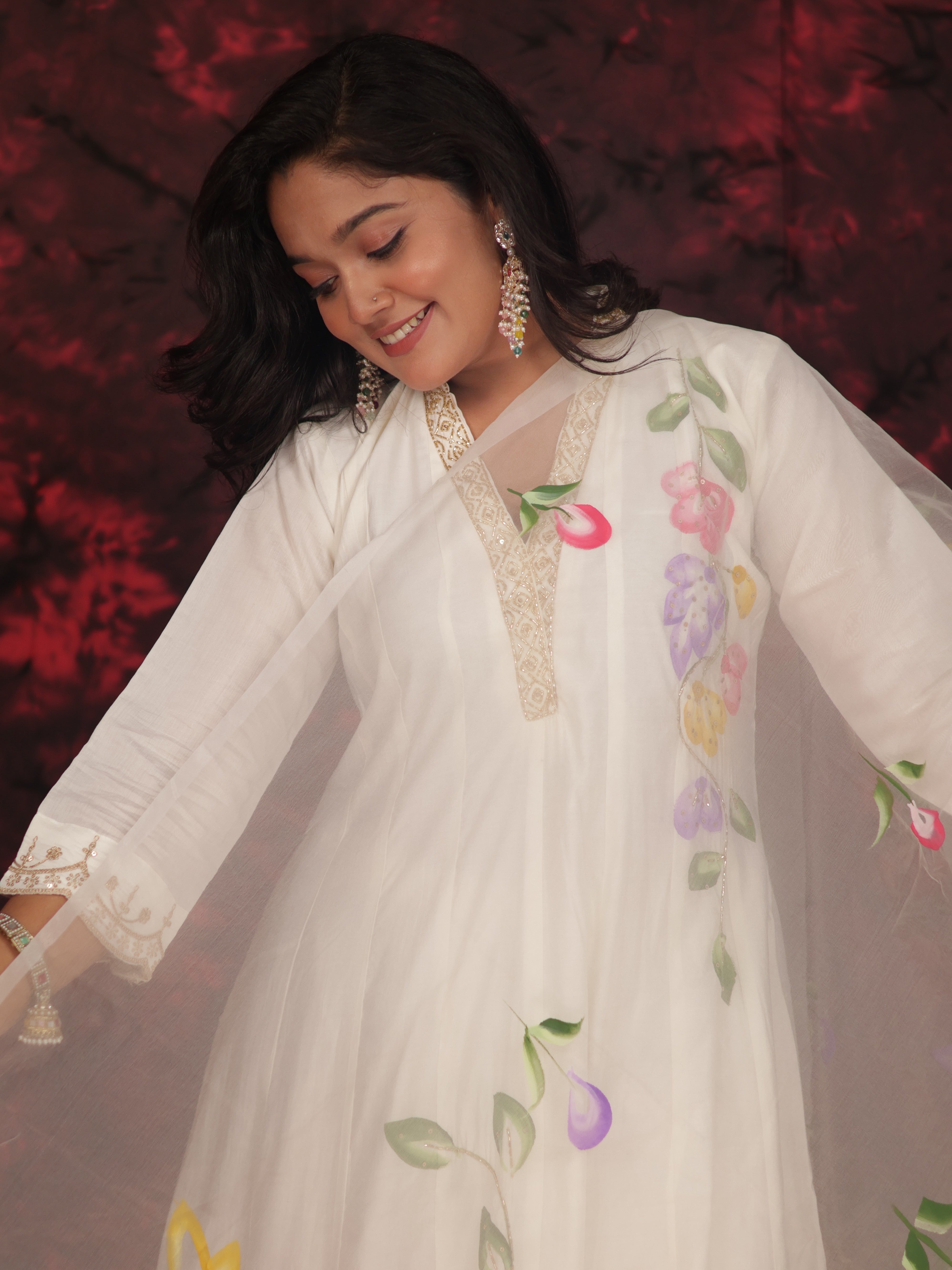WHIMSICAL WHIITE BRUSH PAINTED ANARKALI SUIT SET