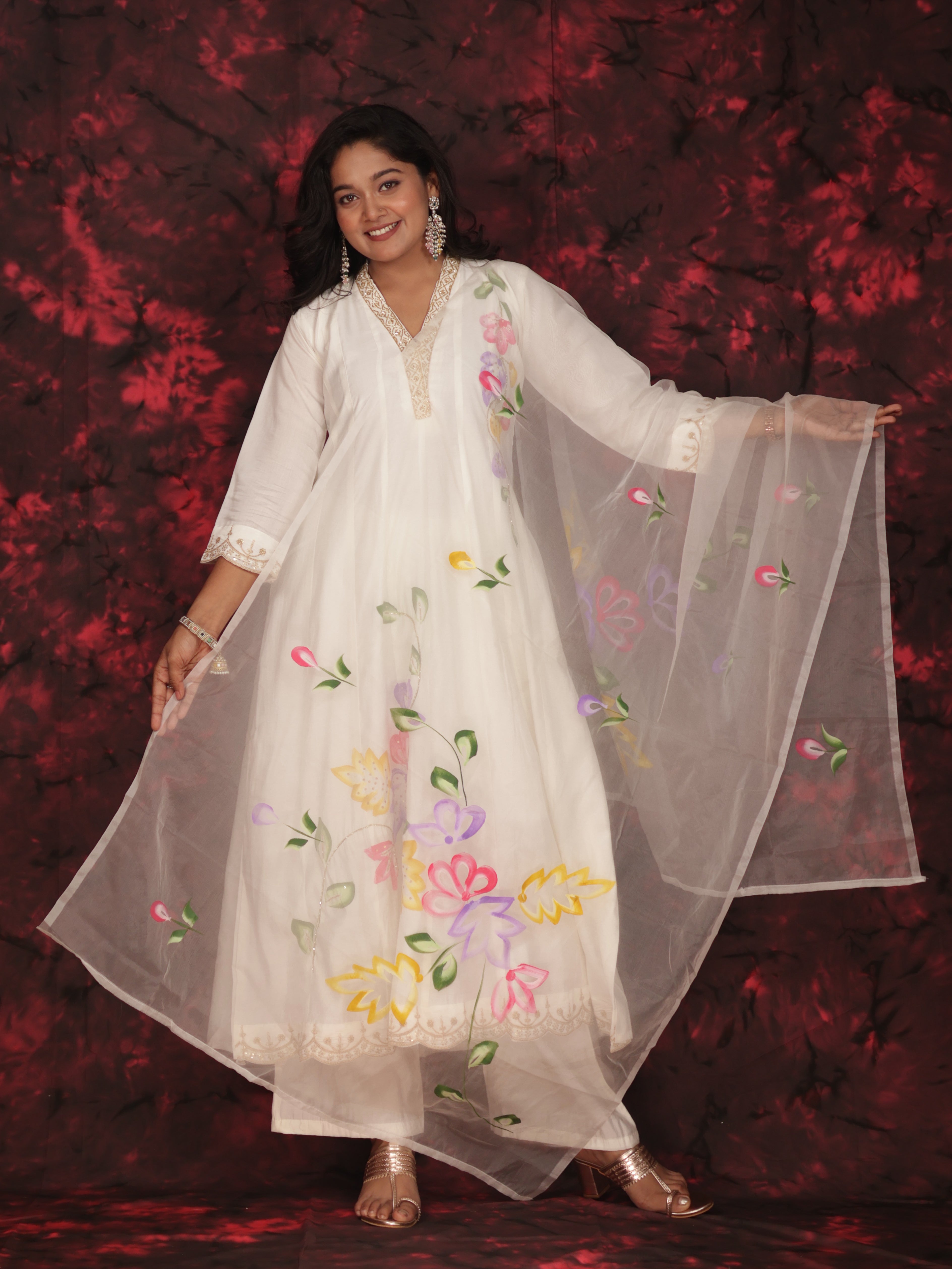 WHIMSICAL WHIITE BRUSH PAINTED ANARKALI SUIT SET