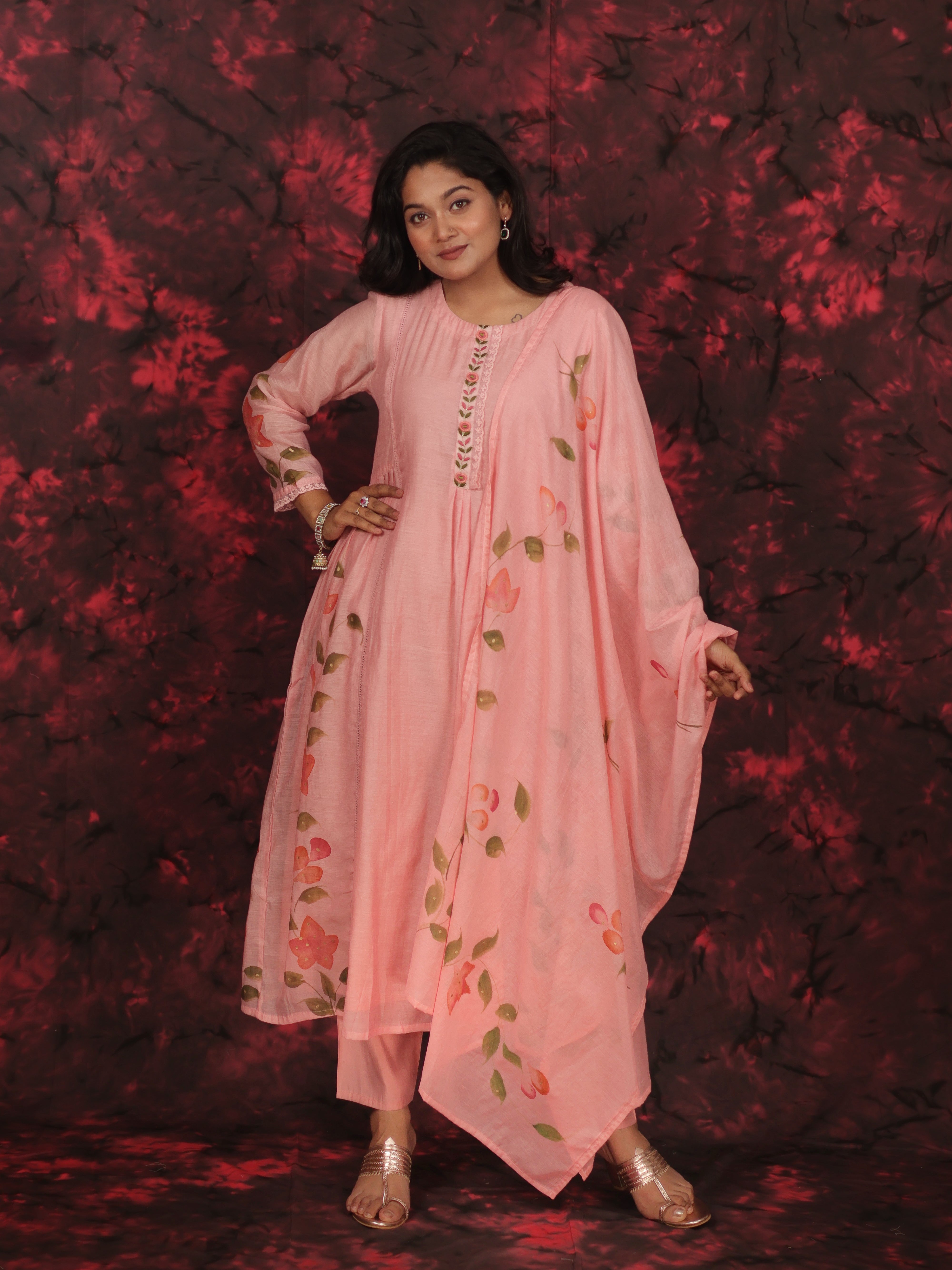 RANGKAARI BLOSSOM THREADWORK MUL CHANDERI SUIT SET