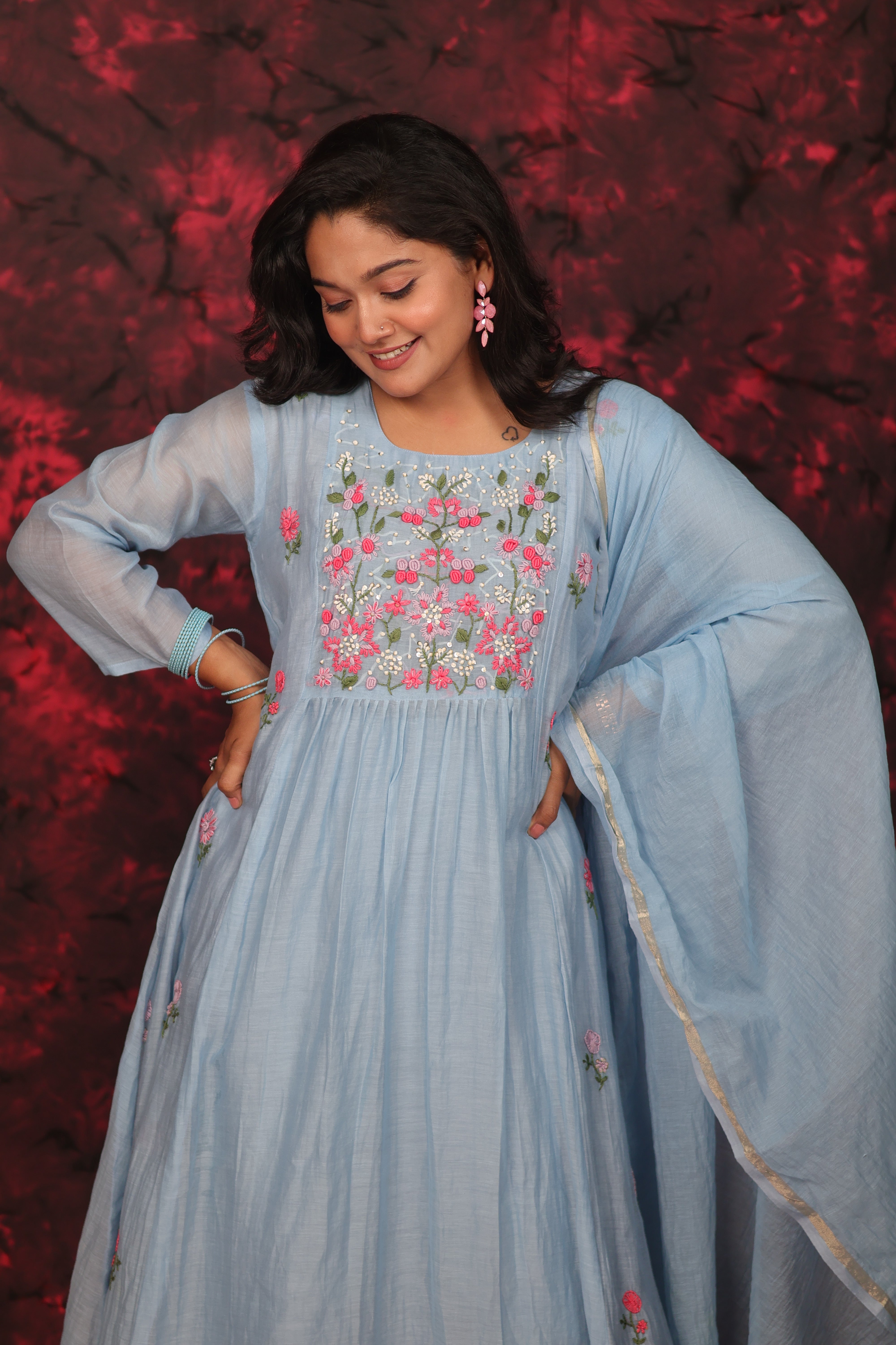 KUSUM THREAD EMBROIDERED MUL CHANDERI SUIT SET