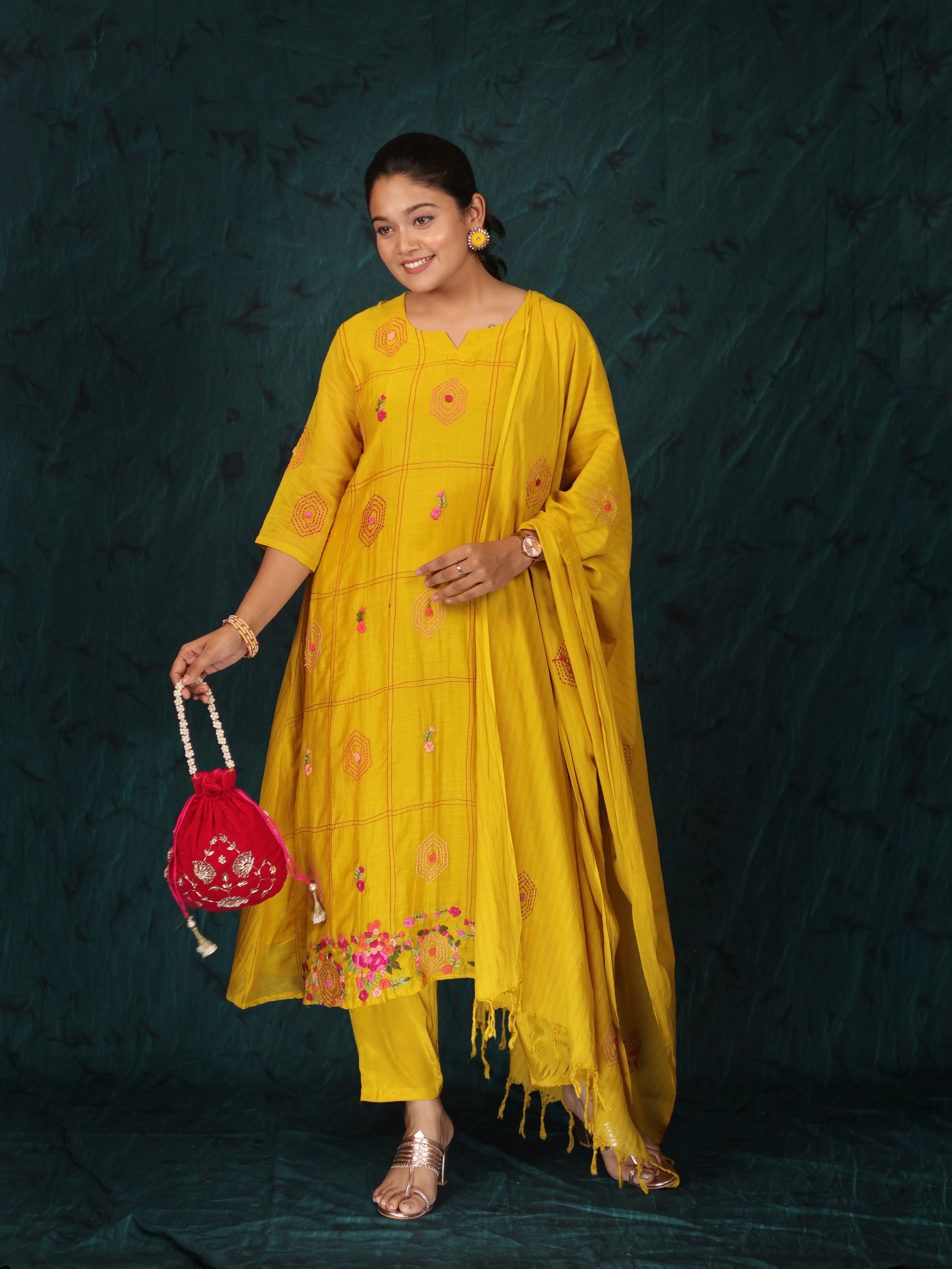 TAANA BAANA THREADWORK YELLOW MUL CHANDERI SUIT SET