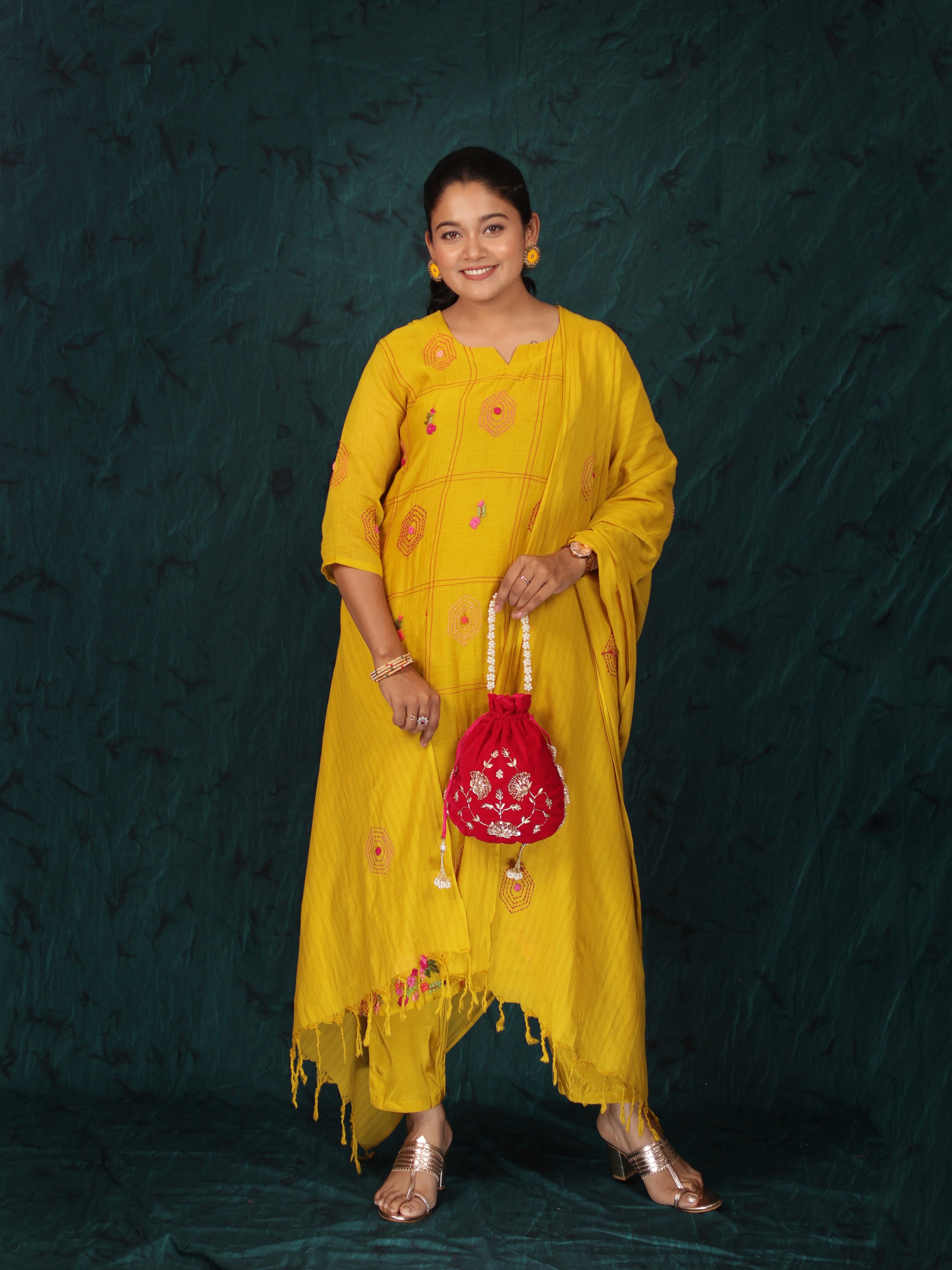 TAANA BAANA THREADWORK YELLOW MUL CHANDERI SUIT SET