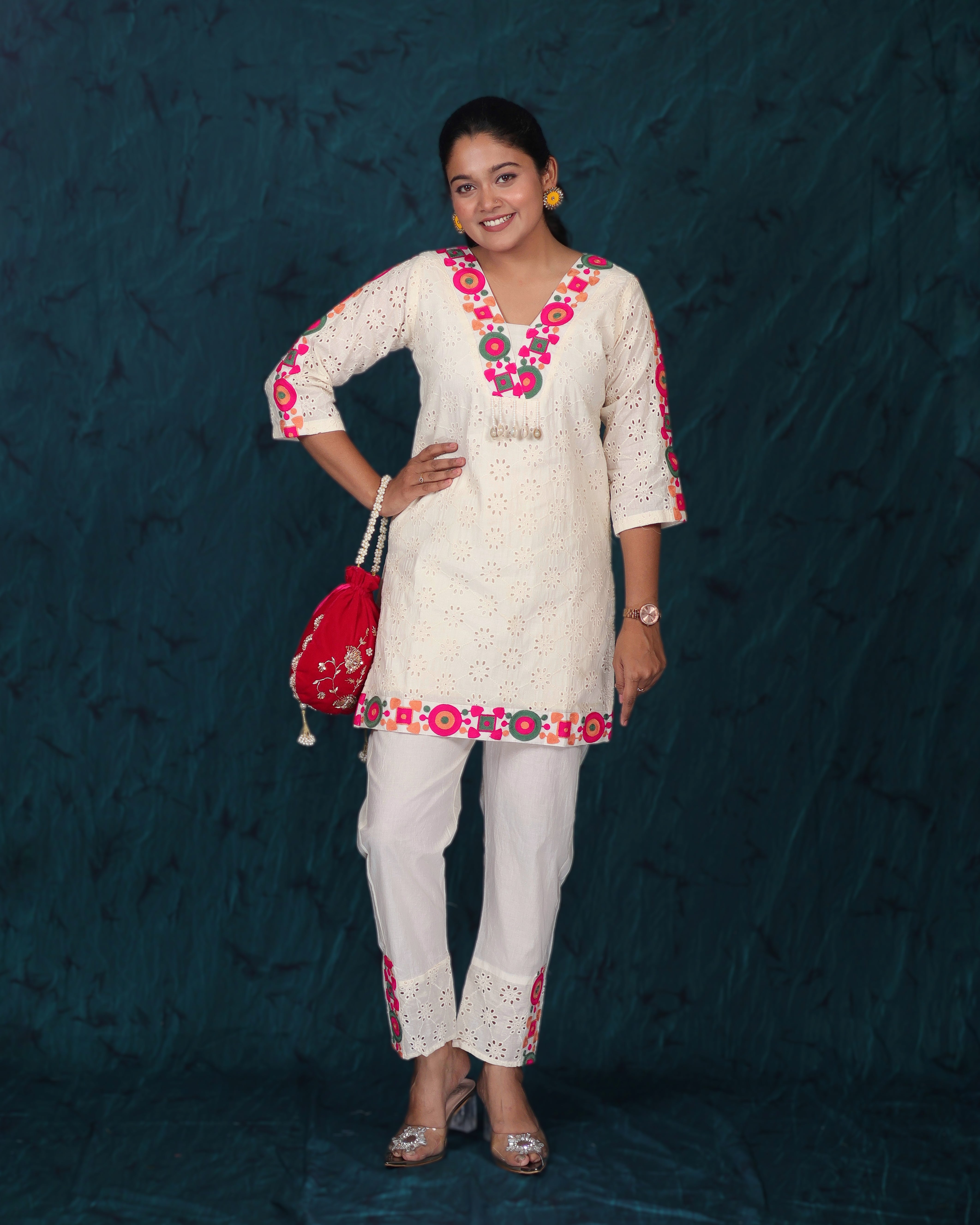 IVORY BOHO EMBROIDERED COTTON COORD SET