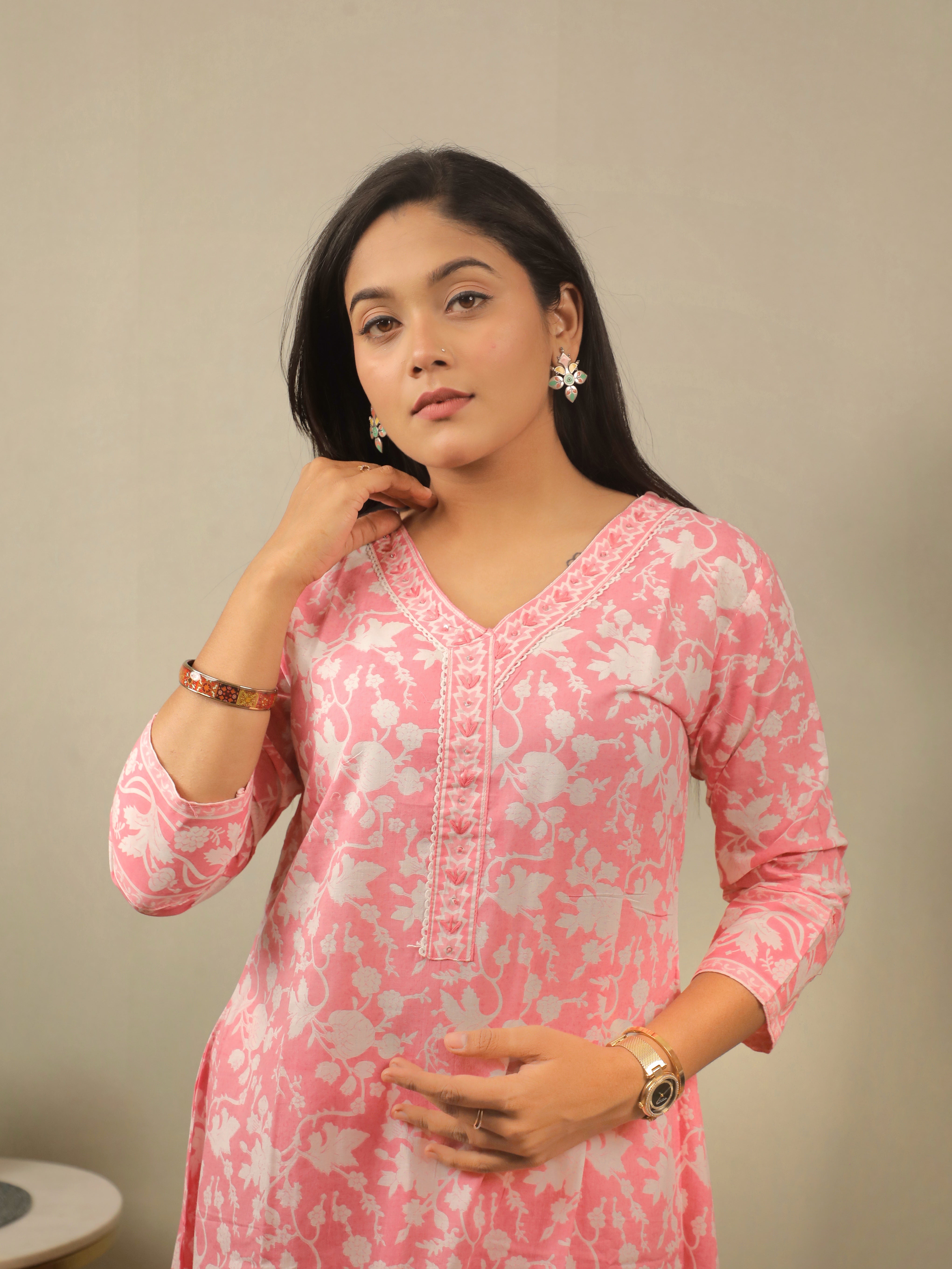 COTTON PINK HANDBLOCK STRAIGHT KURTA SET