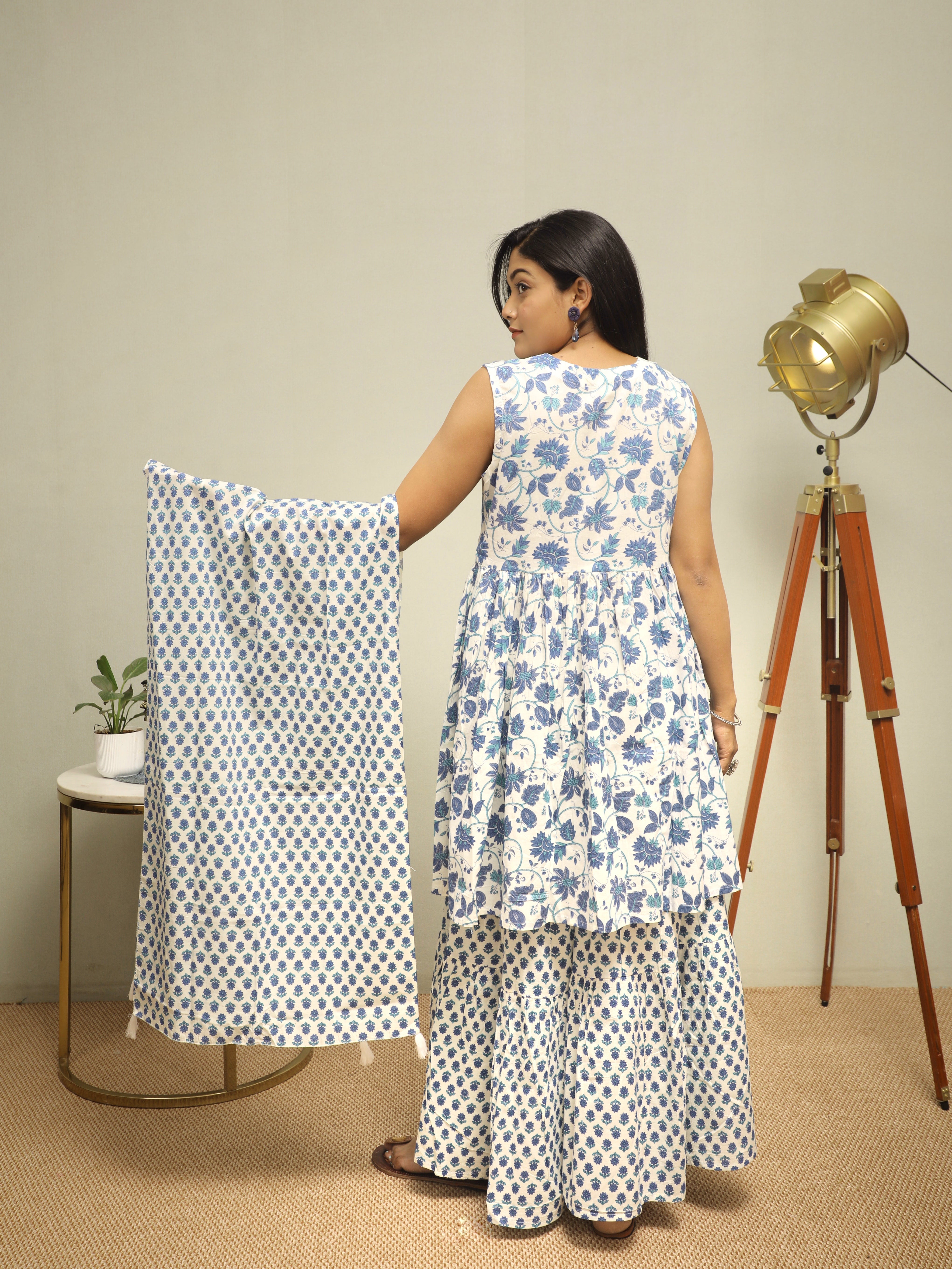 BLUE BLOOM GATHERED KURTA AND SHARARA COTTON SUIT SET
