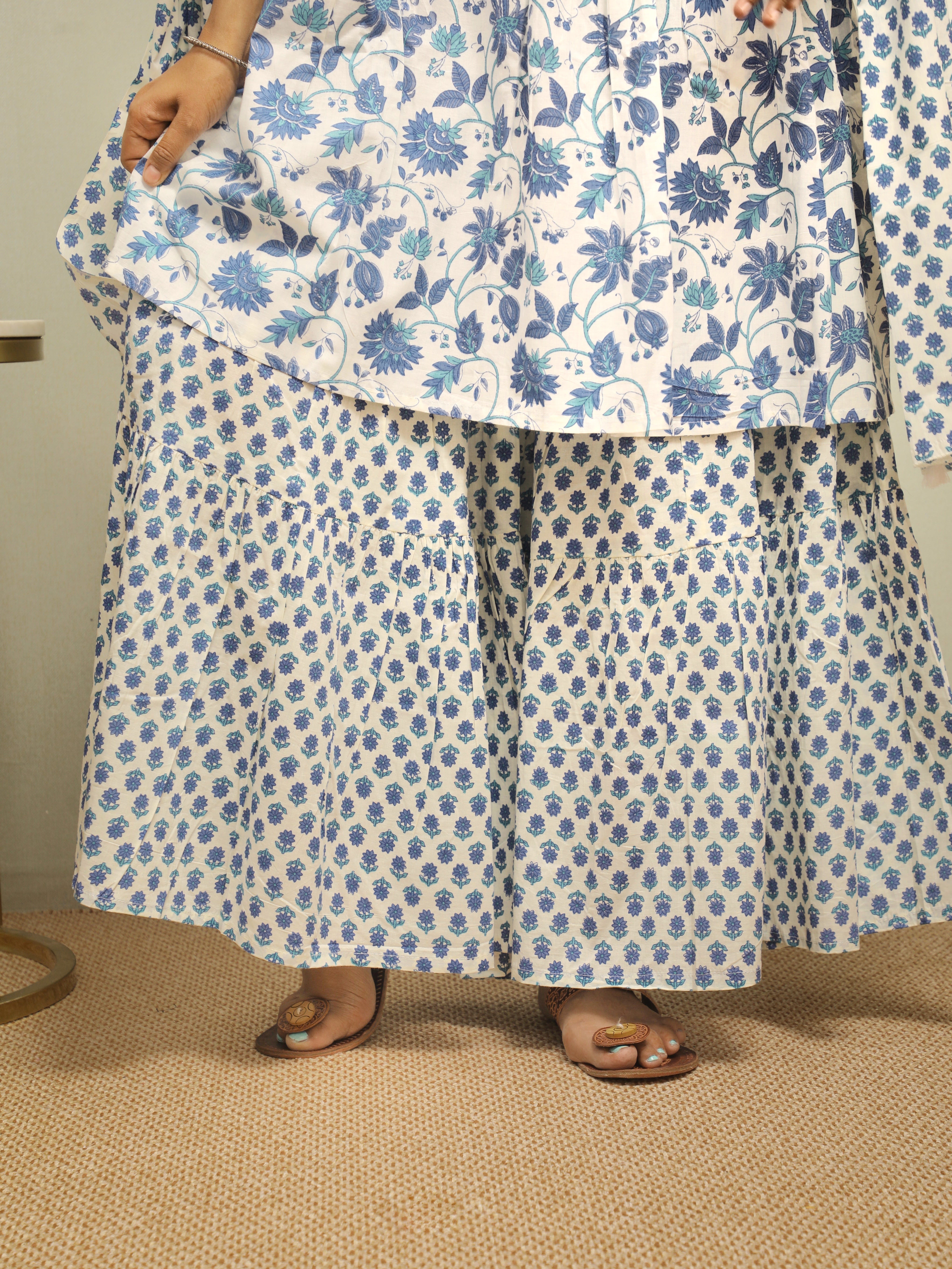BLUE BLOOM GATHERED KURTA AND SHARARA COTTON SUIT SET