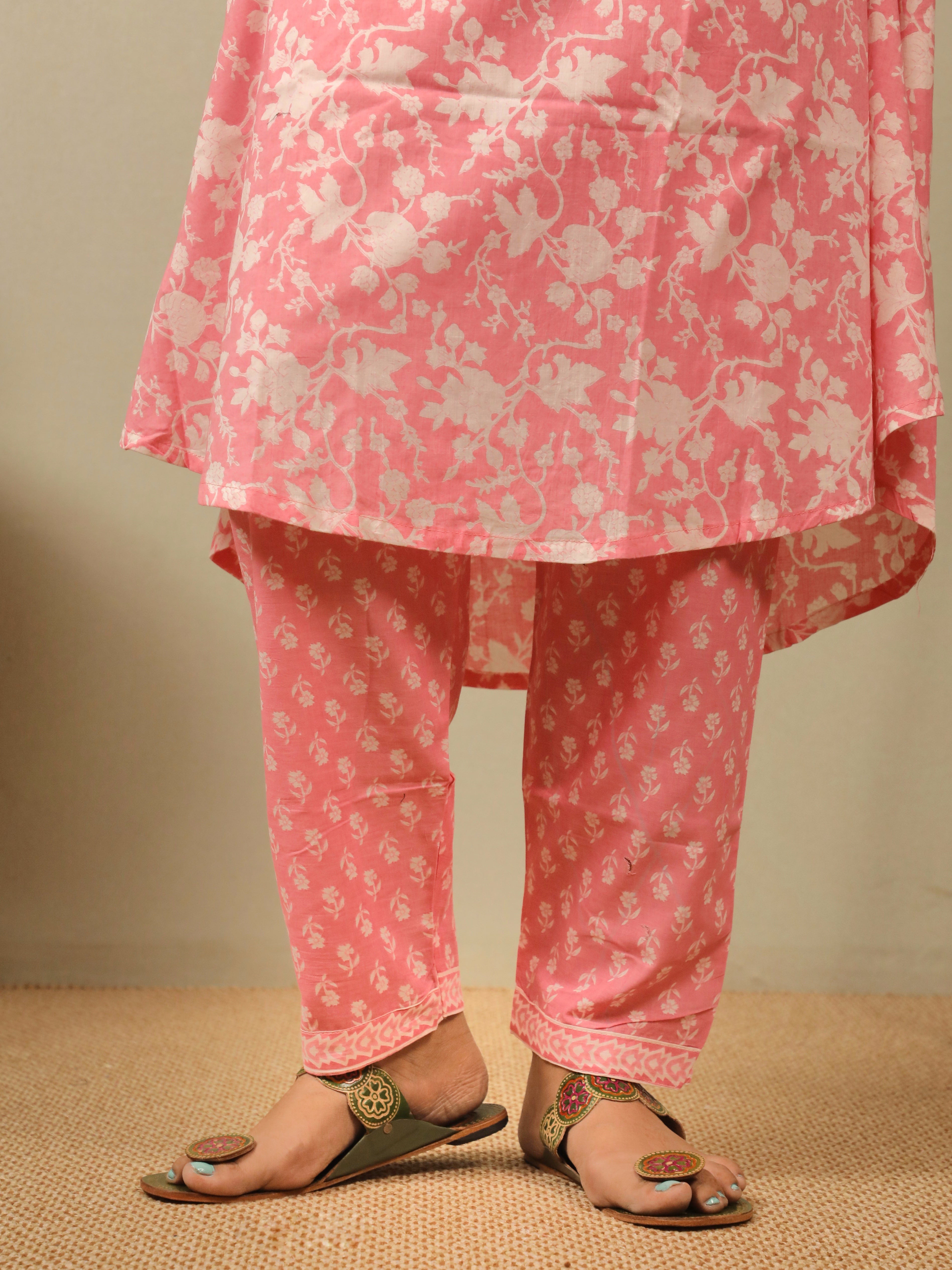 COTTON PINK HANDBLOCK STRAIGHT KURTA SET
