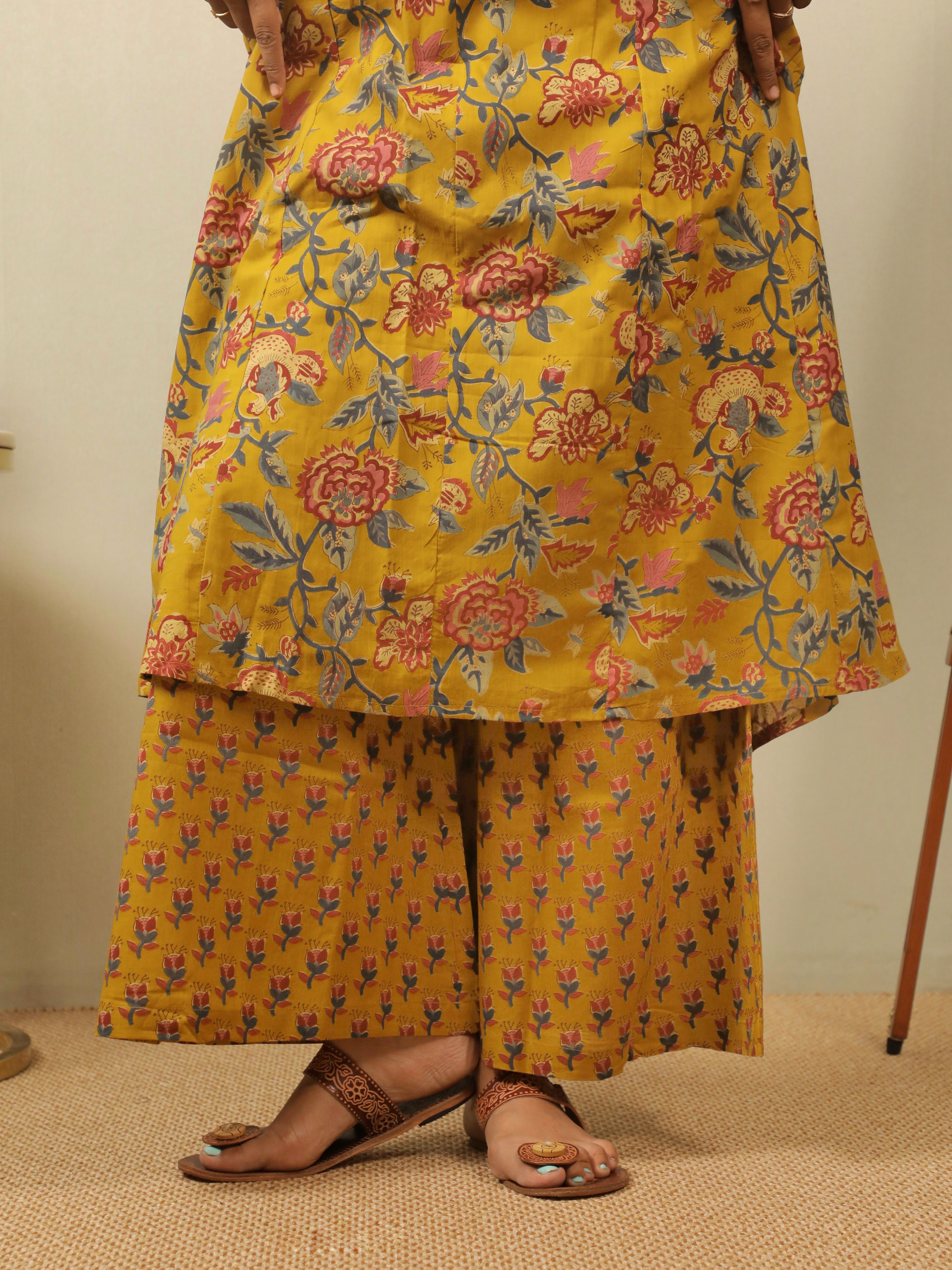 MUSTARD FLORAL HANDBLOCK ANARKALI KURTA SET