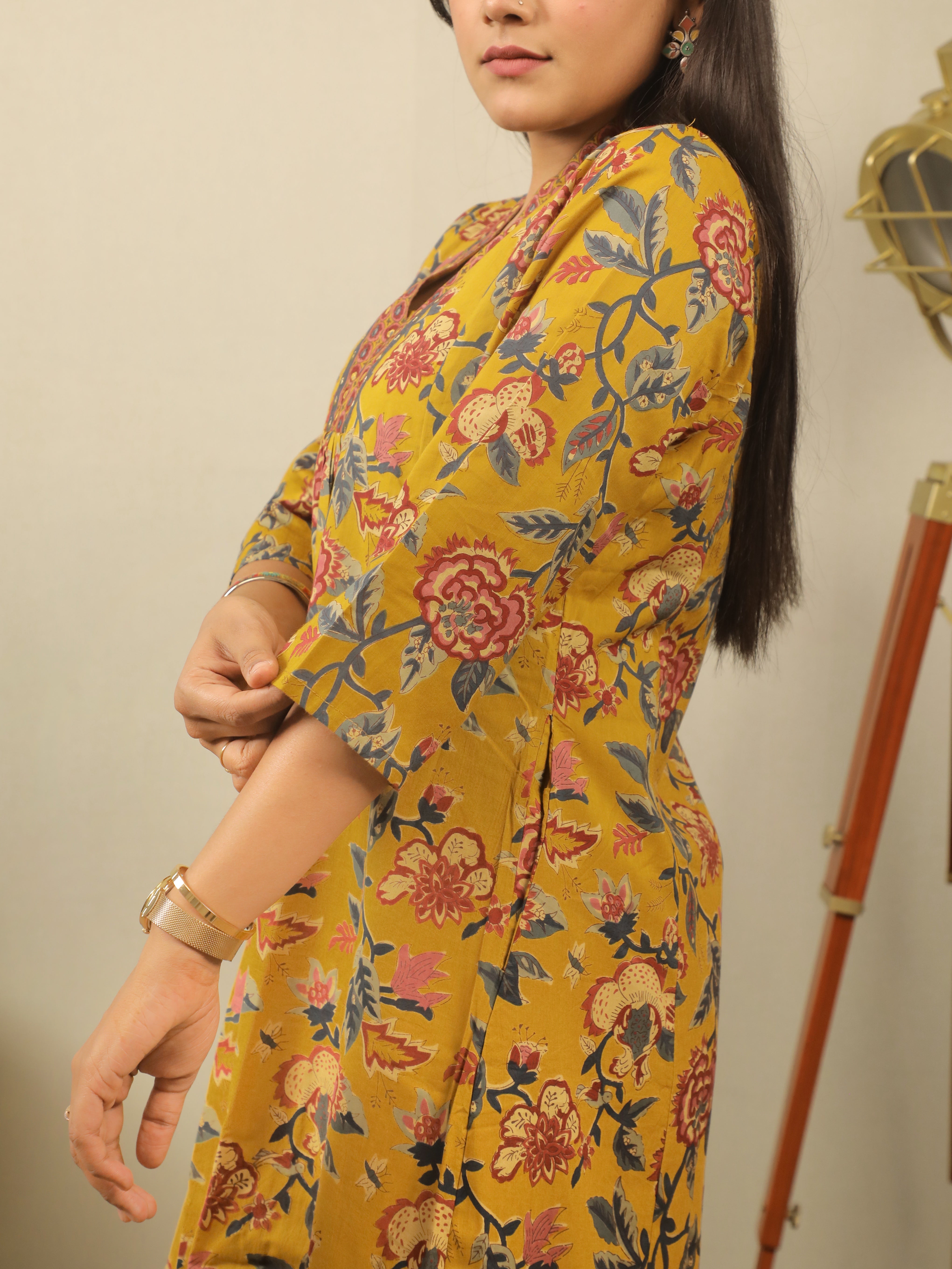 MUSTARD FLORAL HANDBLOCK ANARKALI KURTA SET