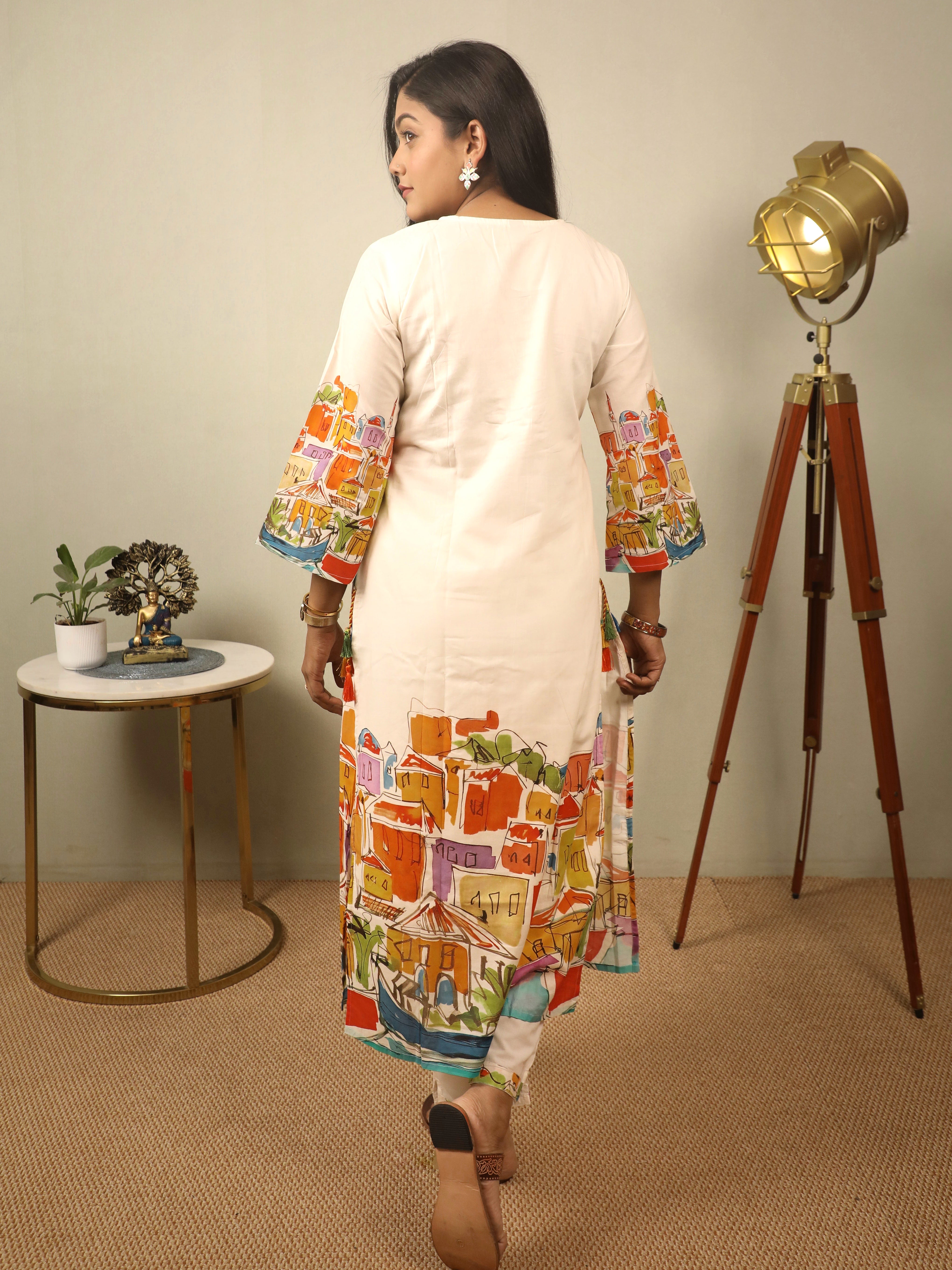 WHITE CITYSCAPE PRINTED PEPLUM COTTON SUIT SET