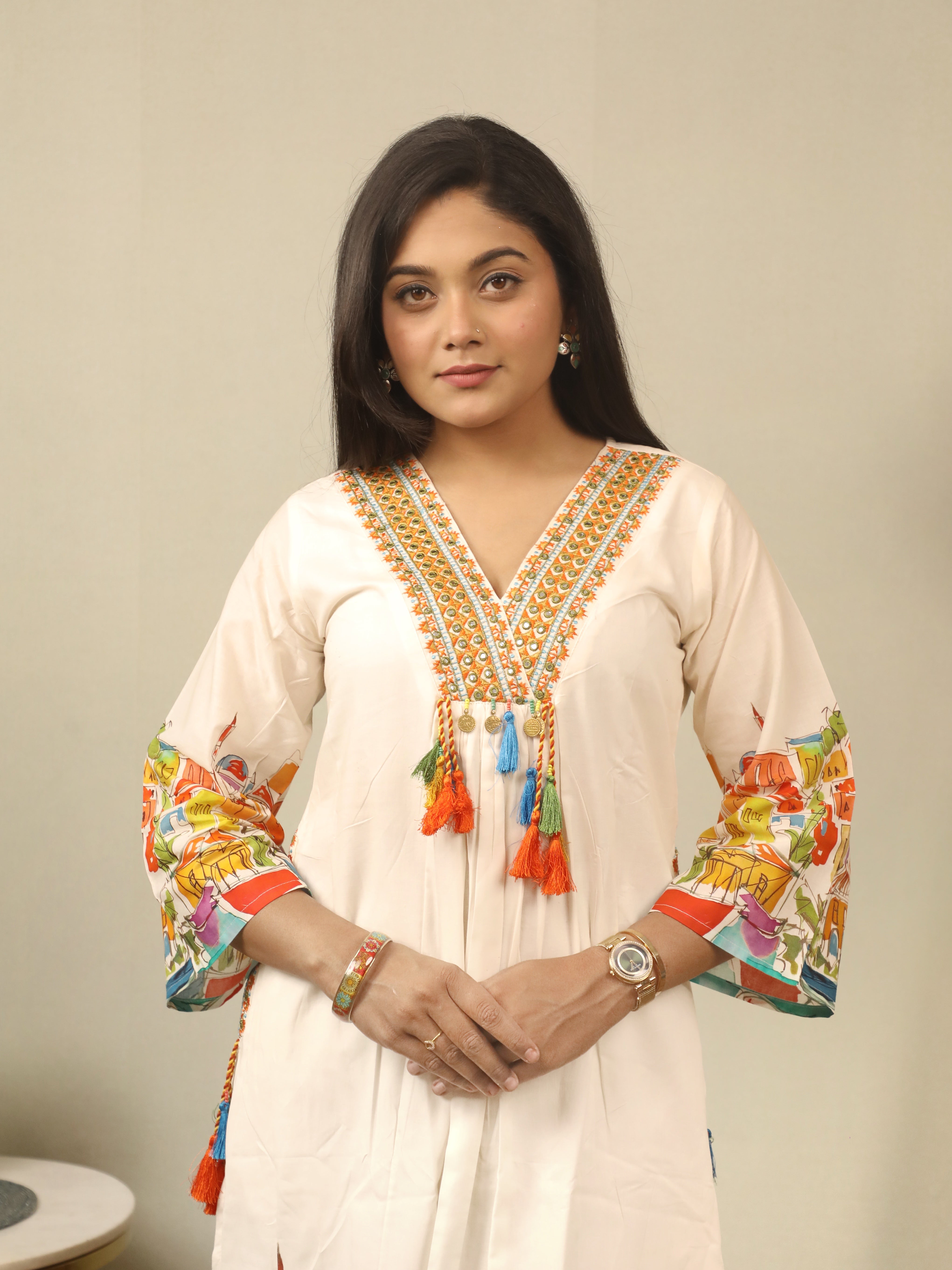 WHITE CITYSCAPE PRINTED PEPLUM COTTON SUIT SET