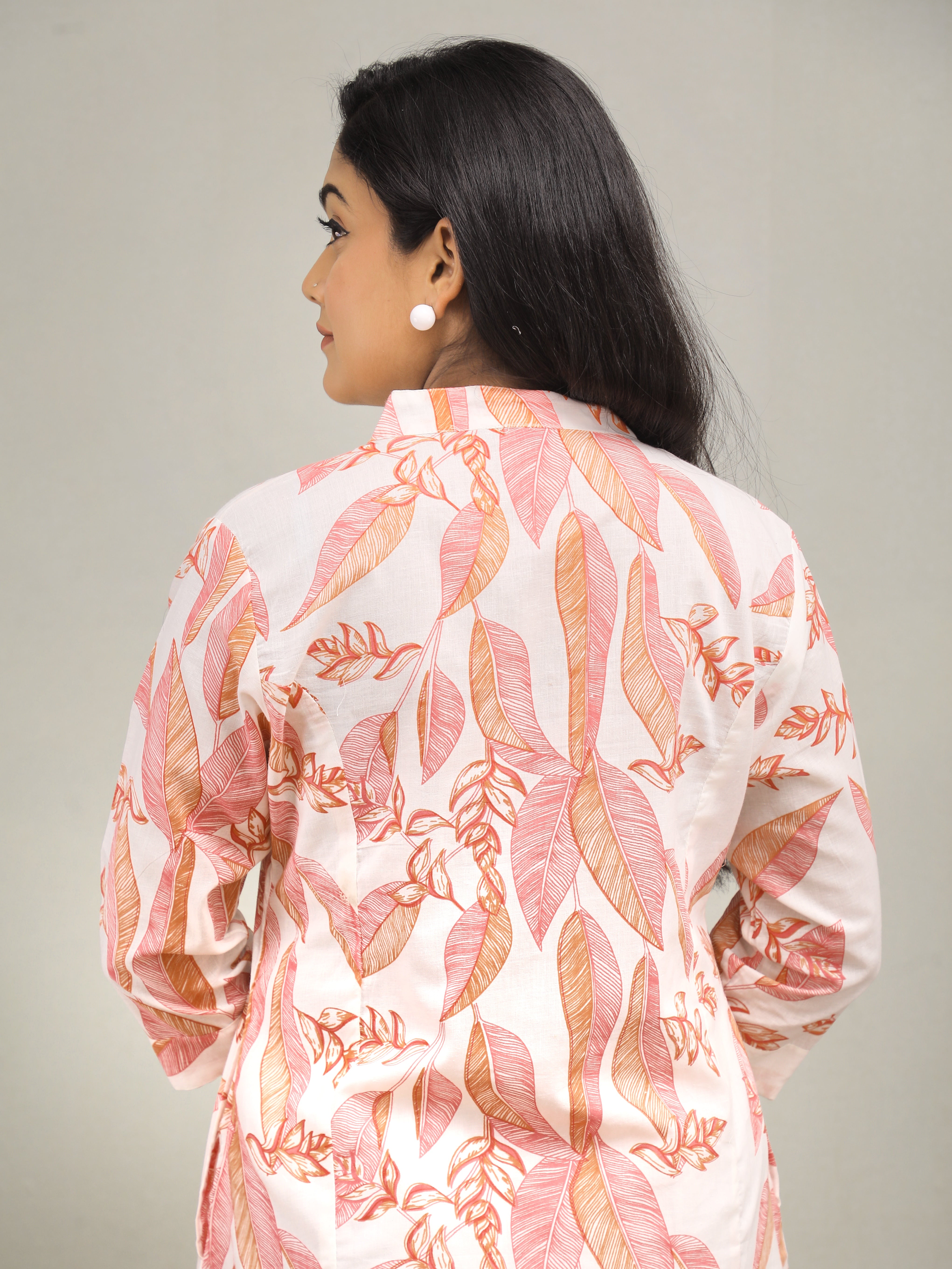 PINK LEAF PRINT COTTON KURTA SET