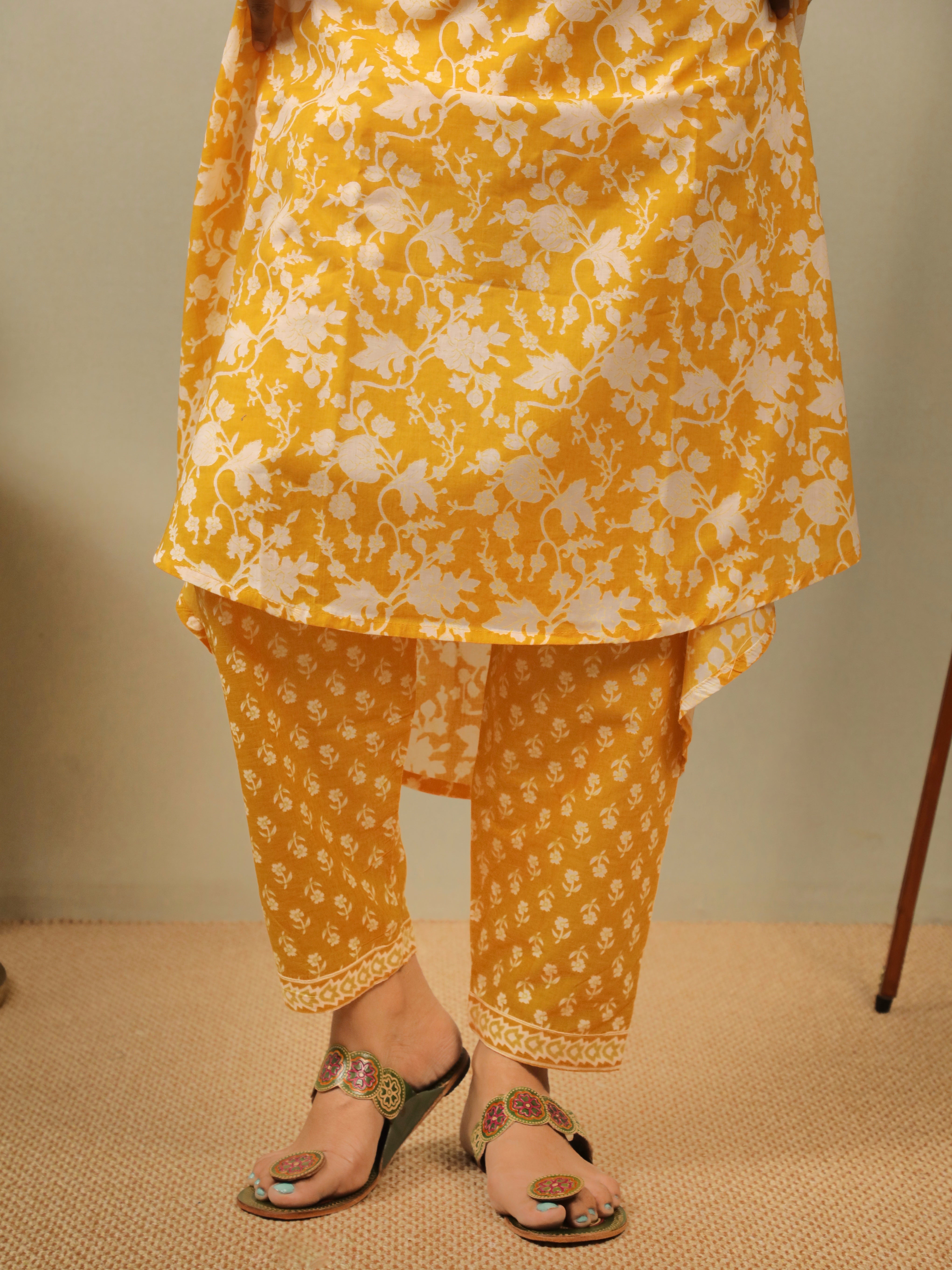 COTTON MUSTARD YELLOW HANDBLOCK STRAIGHT KURTA SET